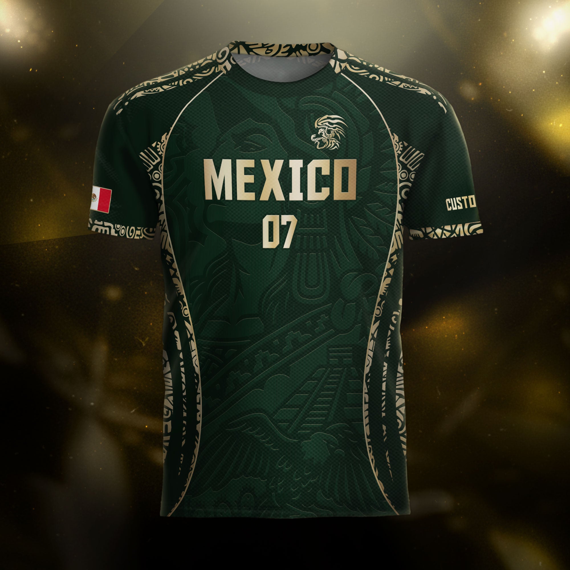Custom Mexico Soccer Jersey Dark Green Gold Aztec Eagle Design