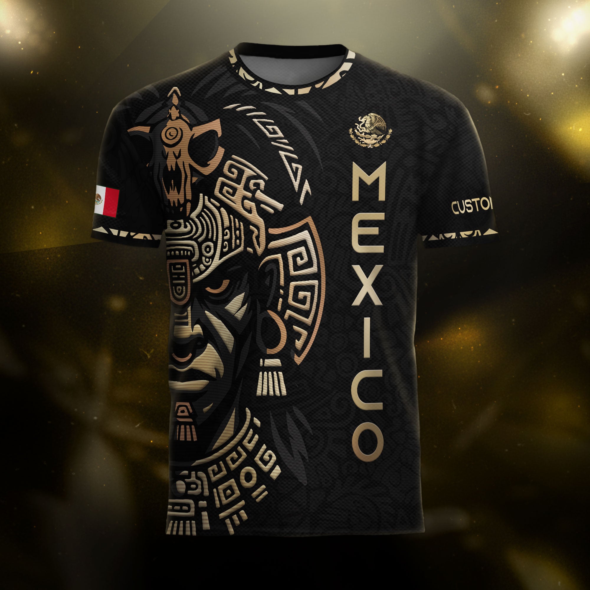 Custom Mexico Soccer Jersey Black Gold Aztec Warrior Face Design