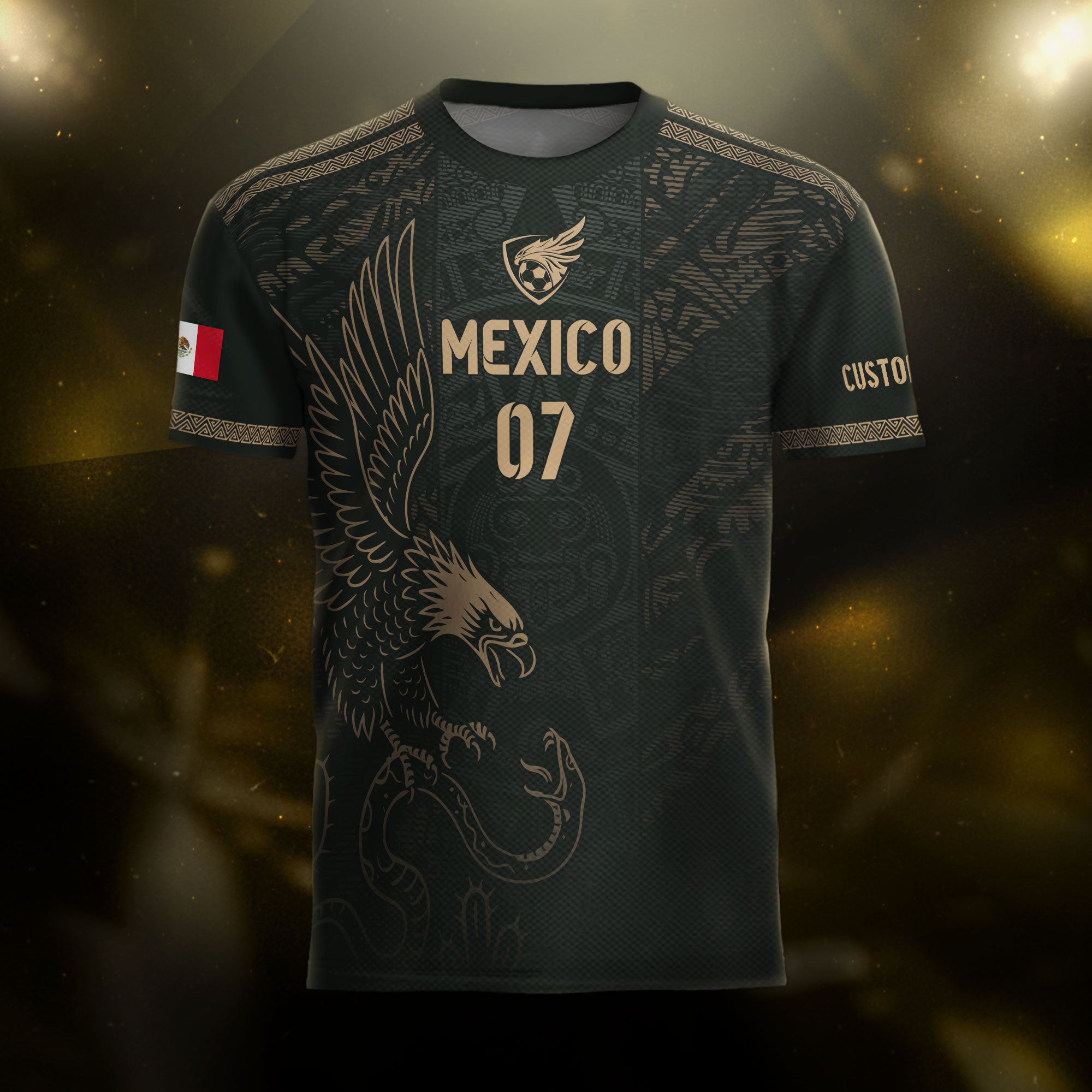 Custom Mexico Soccer Jersey Black Gold Eagle Design