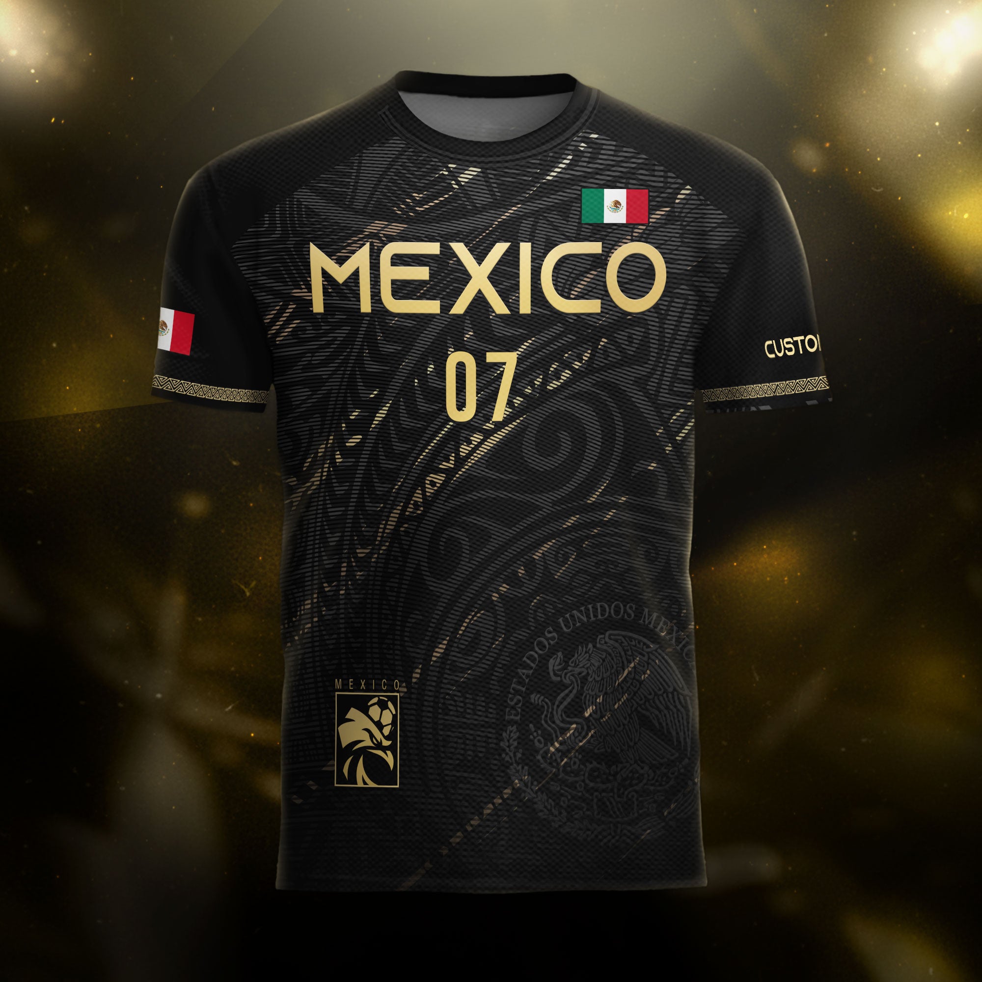 Custom Black Gold Mexico Soccer Jersey with Eagle Design
