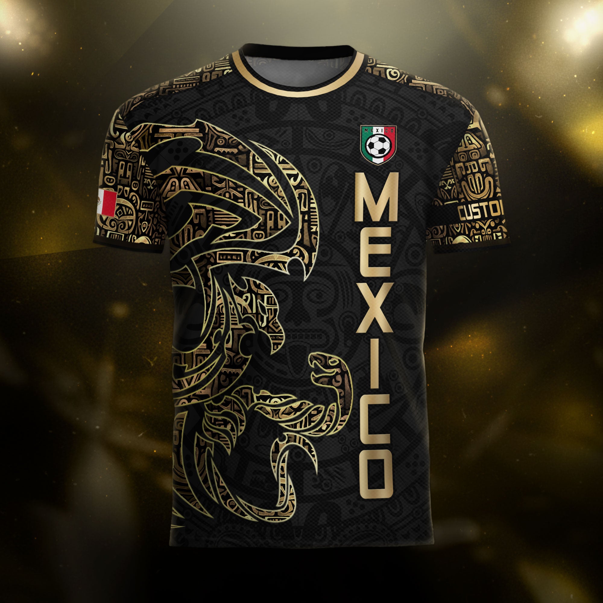 Custom Black Gold Mexico Jersey with Tribal Design
