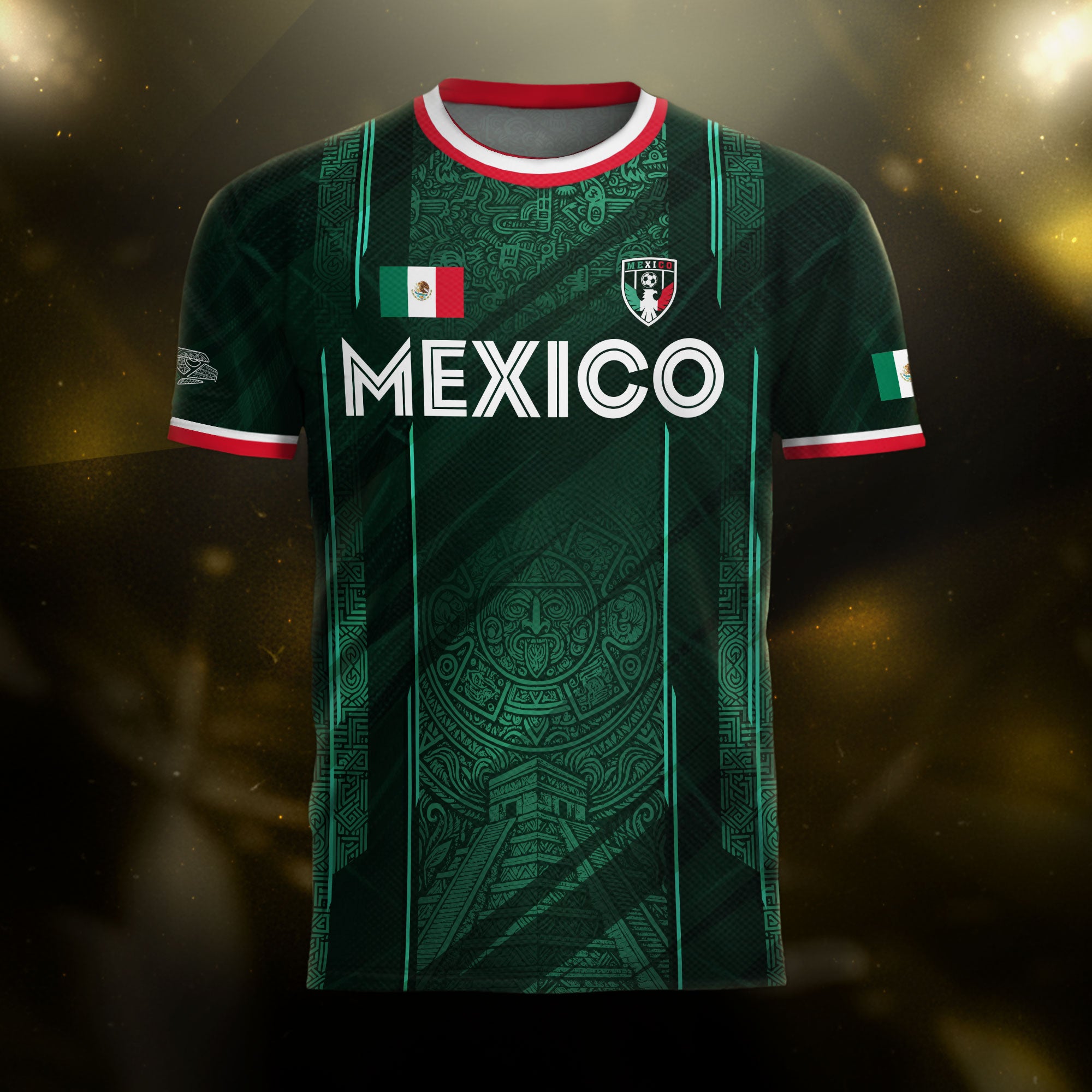 Mexico Soccer Jersey Green Aztec Calendar National Emblem Design
