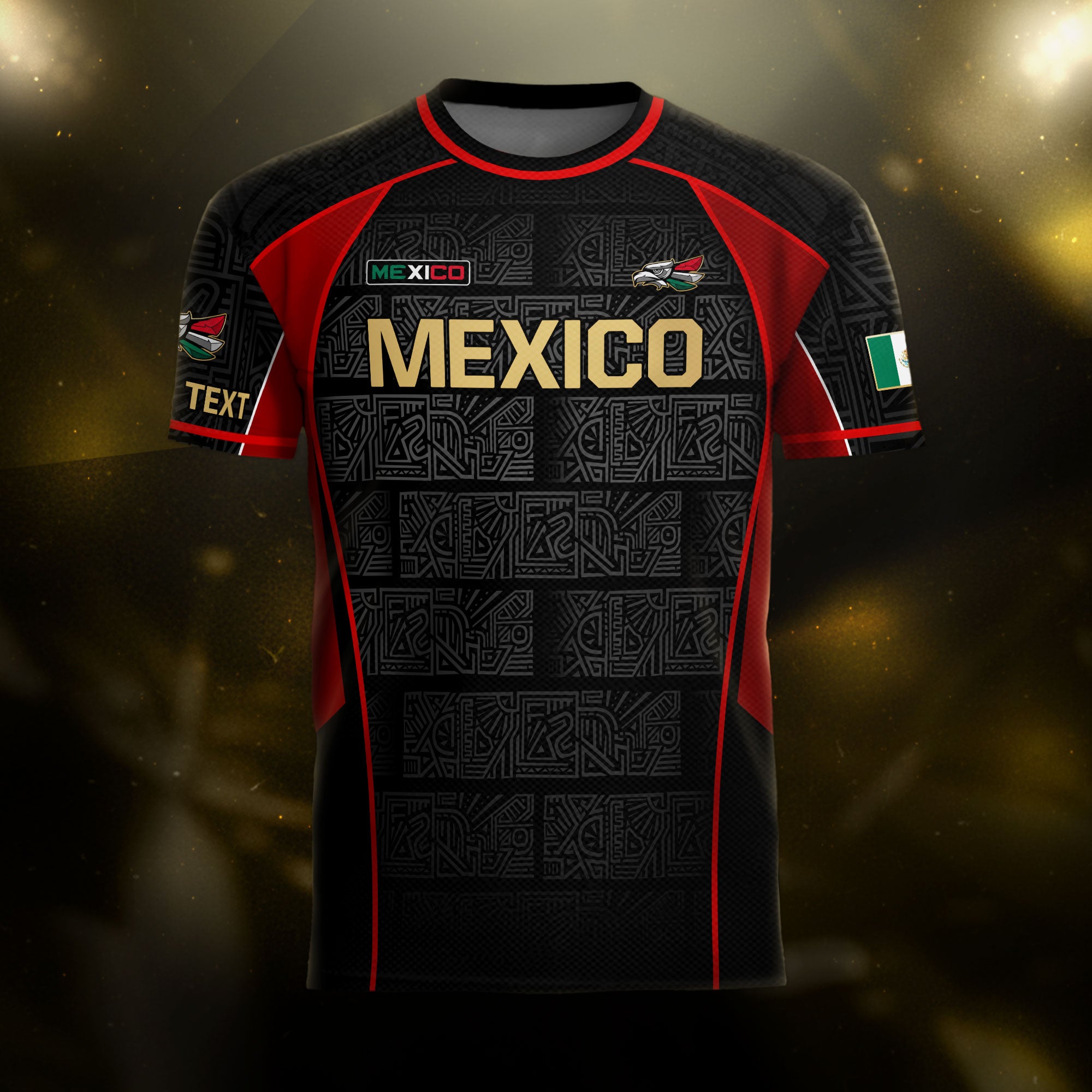 Custom Mexico Soccer Jersey Black Red Gold Aztec Pattern Design