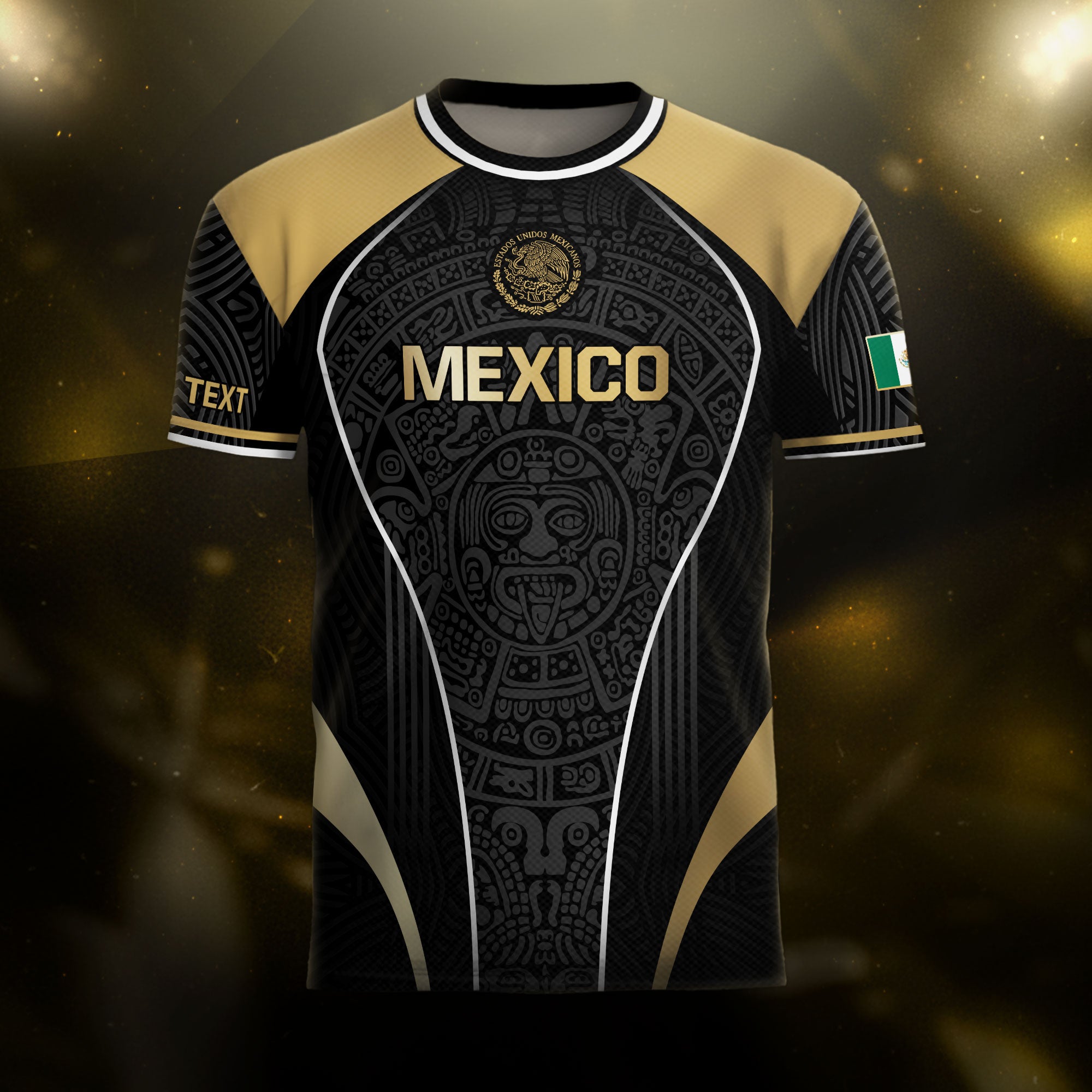 Custom Mexico Soccer Jersey Black Gold Heritage Aztec Pattern Design