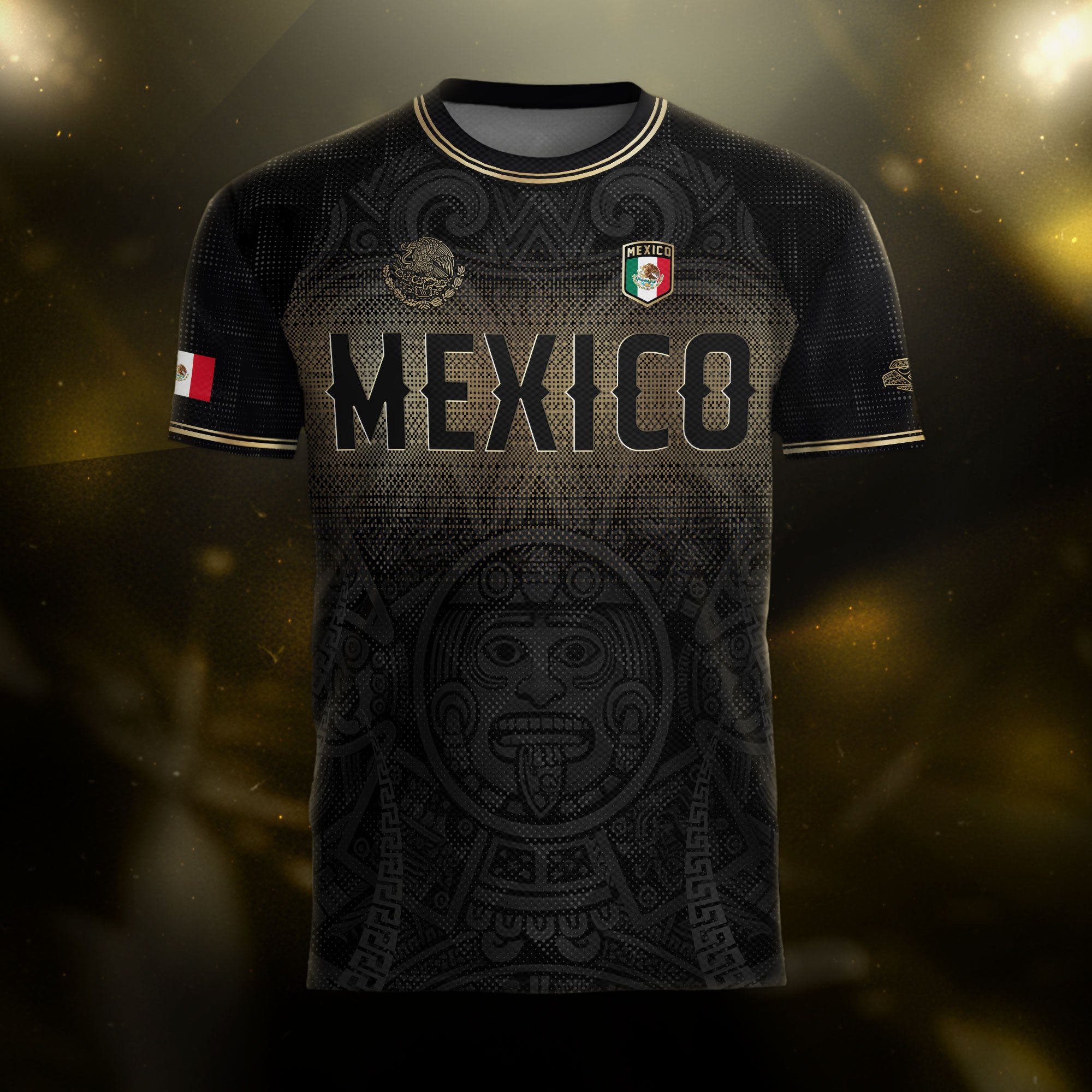 Mexico Black Gold Aztec Calendar Sun God Heritage National Soccer Jersey