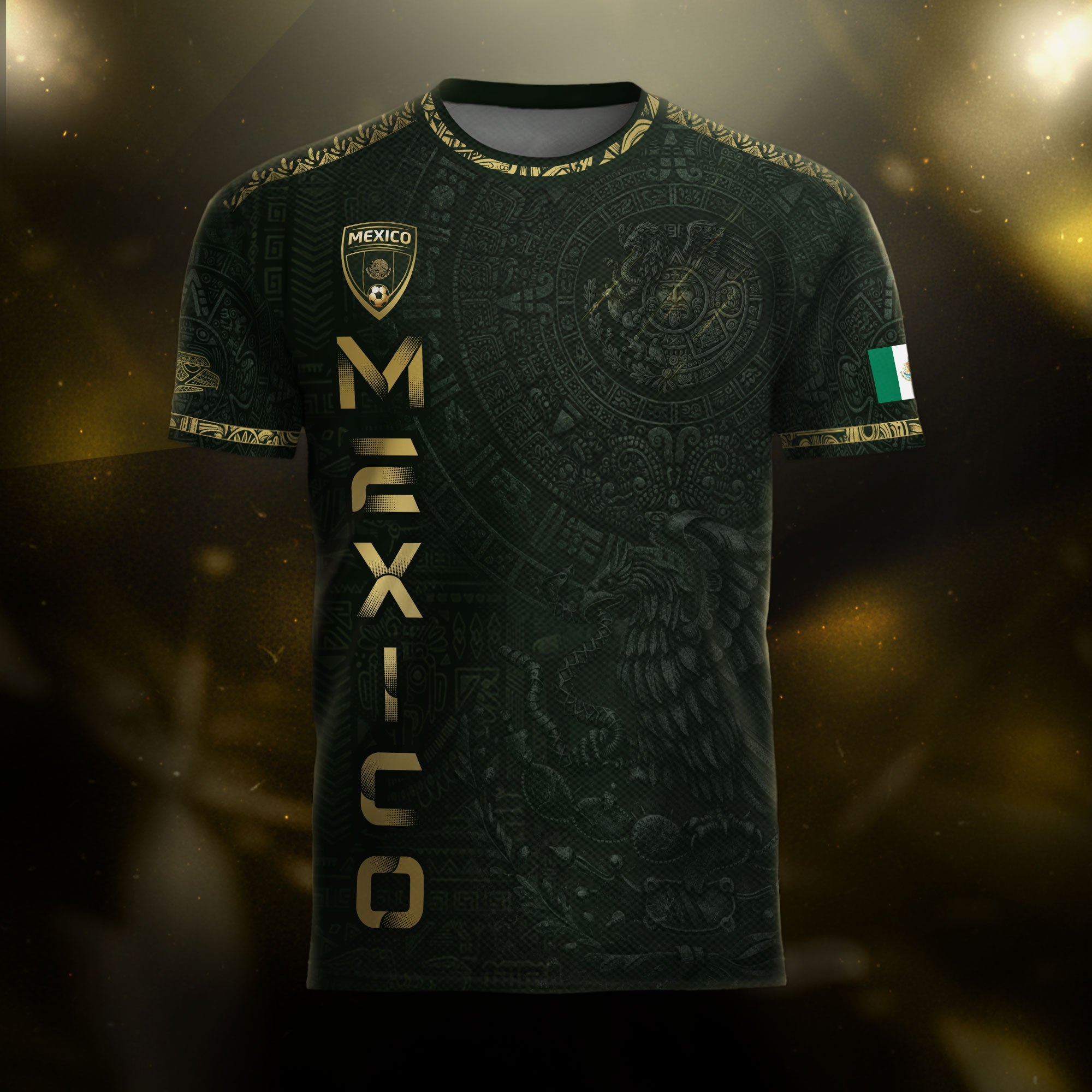 Mexico Dark Green Gold Aztec Calendar Sun God Heritage National Soccer Jersey