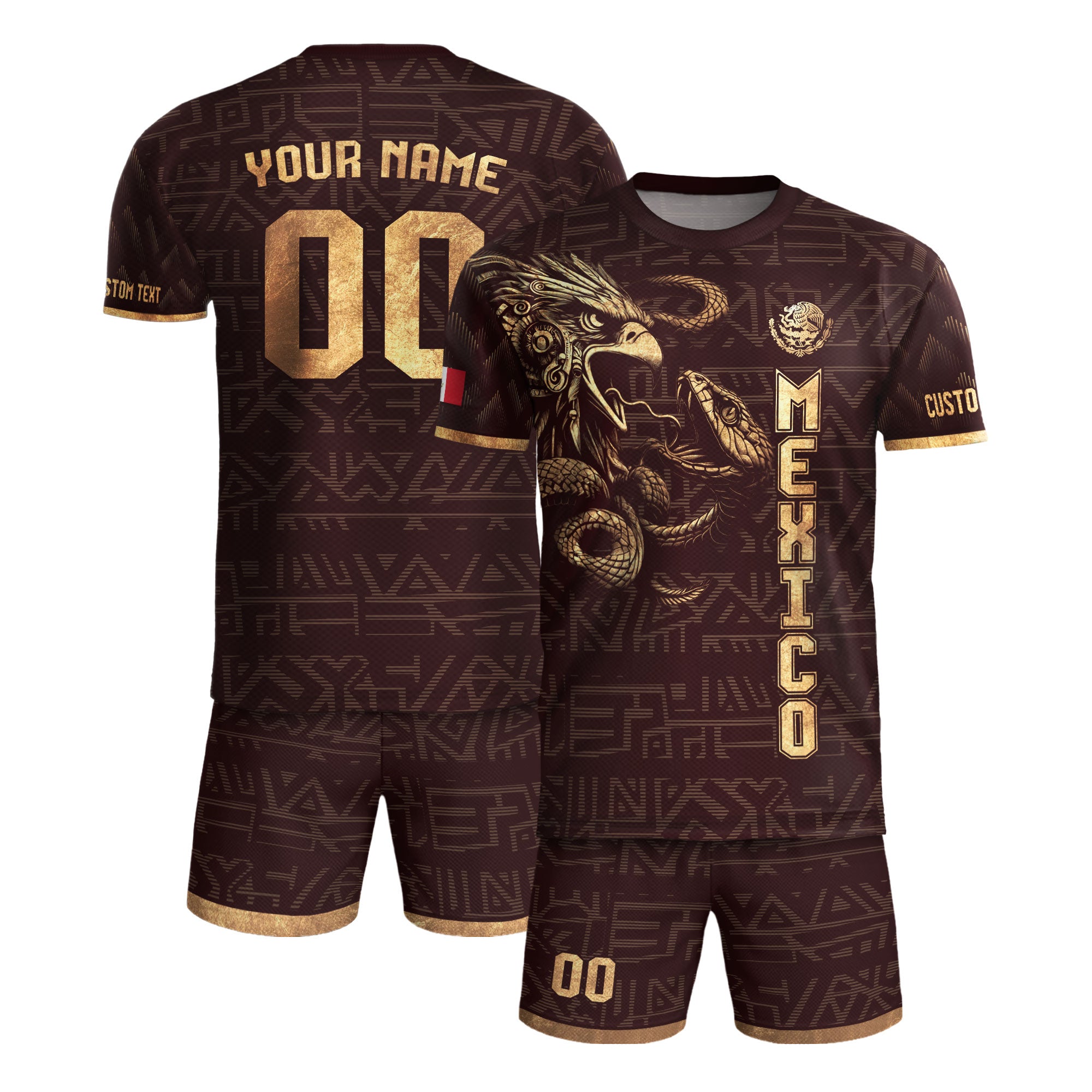 Custom Mexico Soccer Jersey Burgundy Gold Aztec Eagle Design