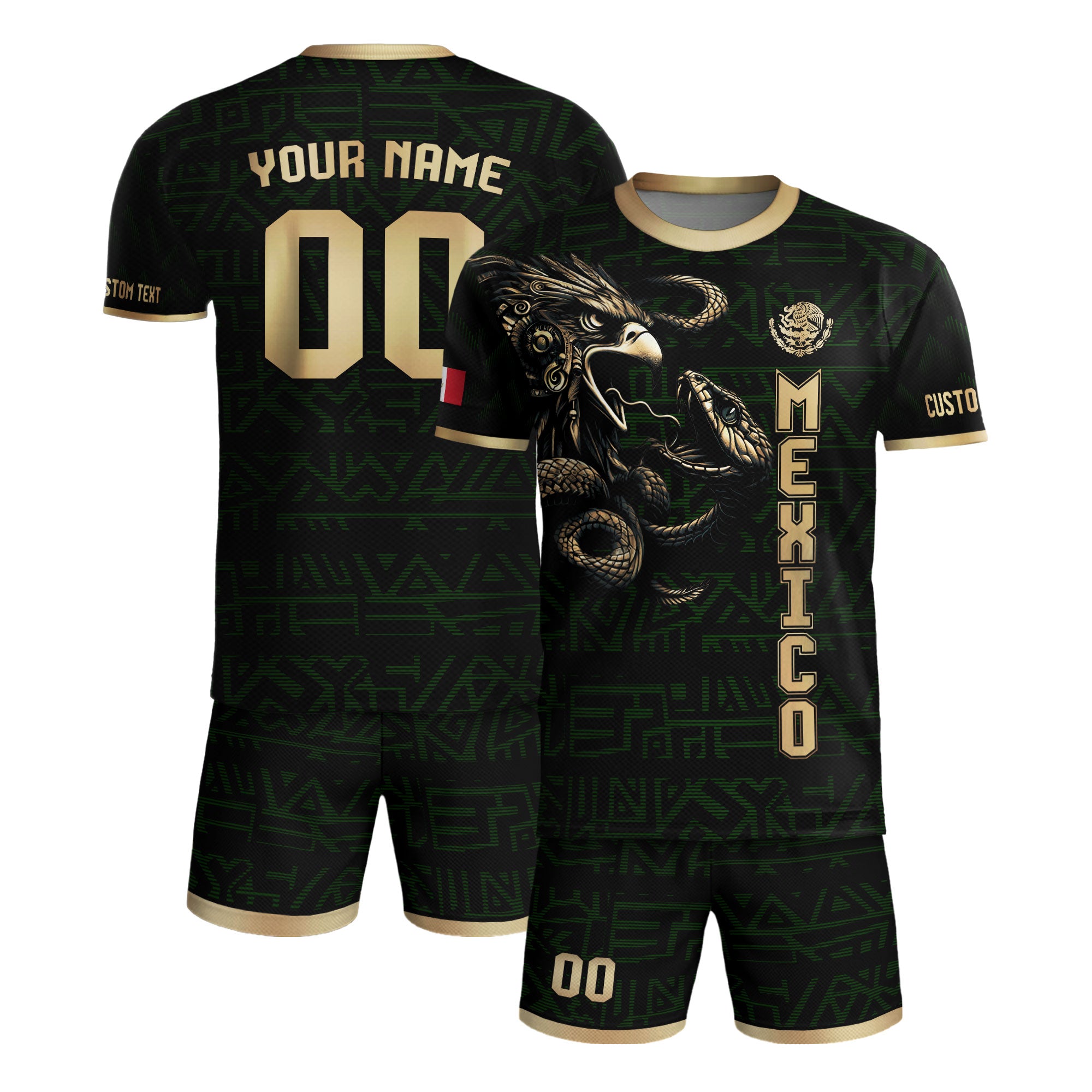 Custom Mexico Soccer Jersey Black Gold Aztec Eagle Design