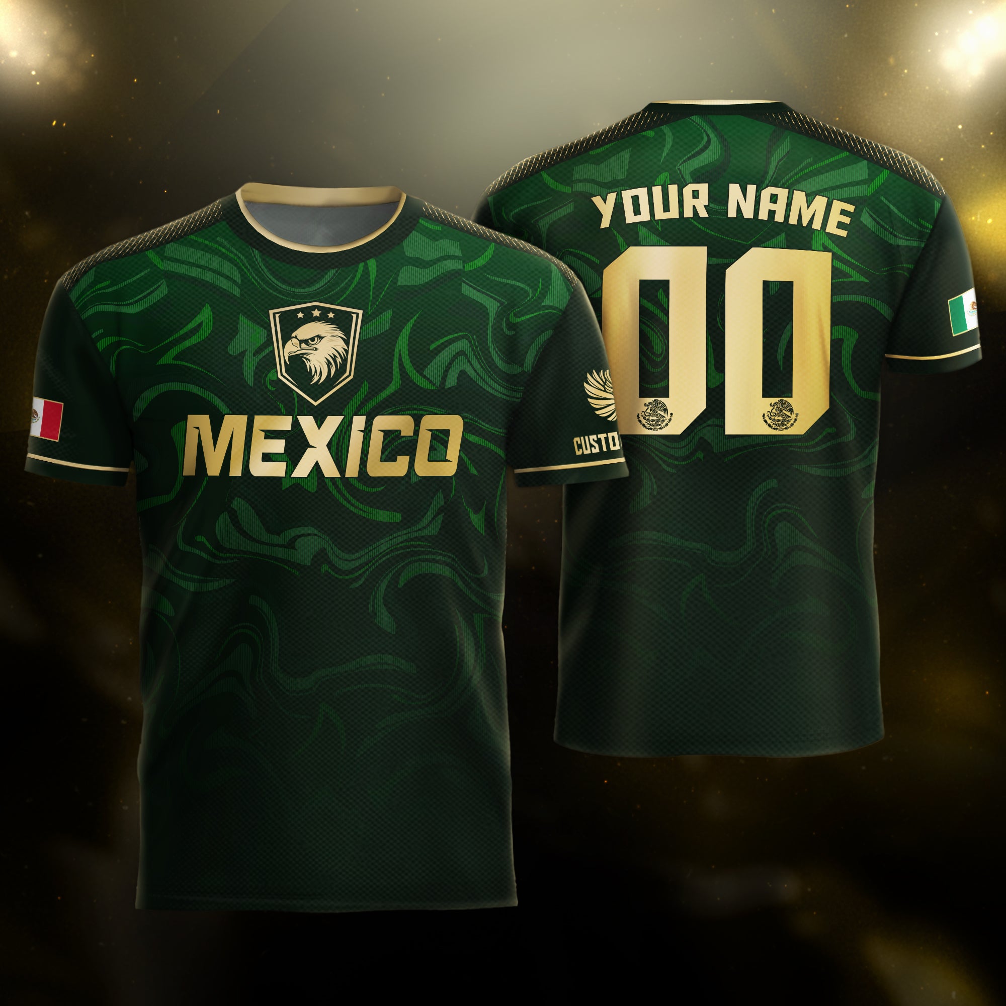 Custom Mexico Green Eagle Soccer Jersey Gold Crest Heritage Edition