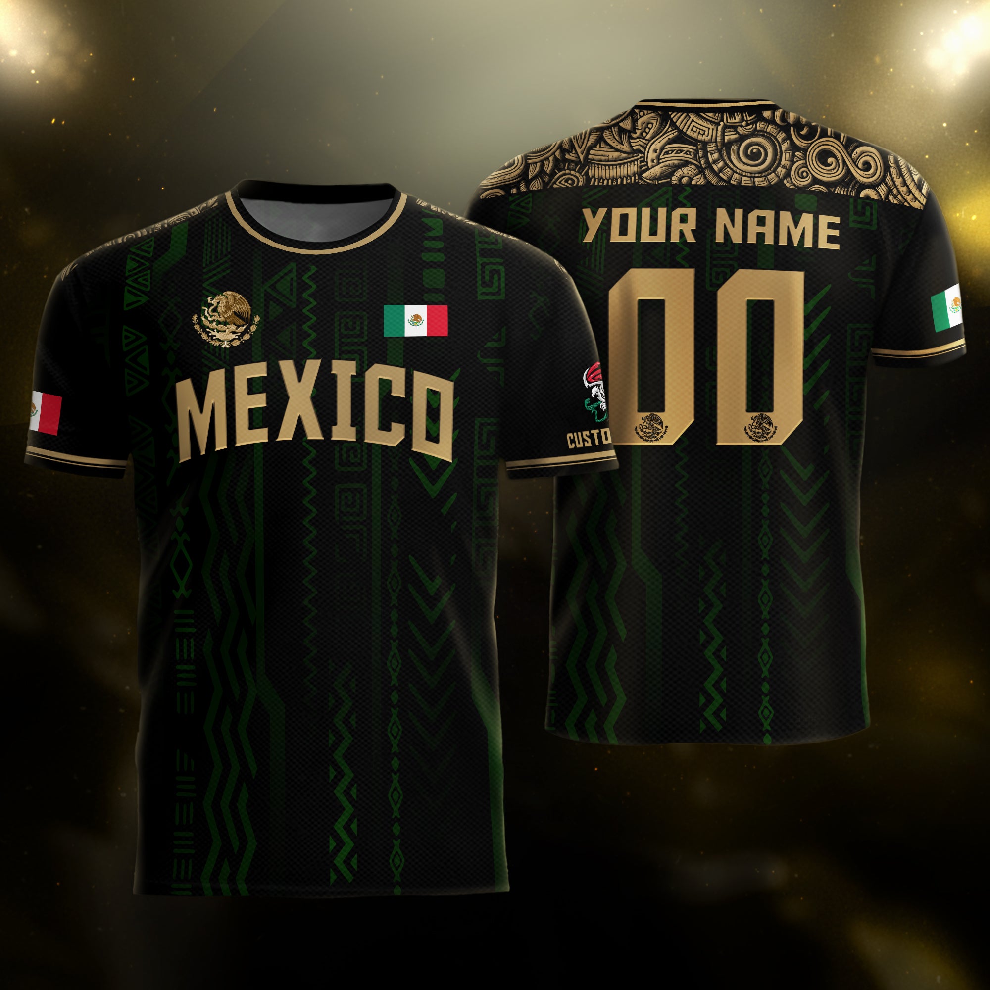 Custom Mexico Soccer Jersey Black Gold Aztec Pattern