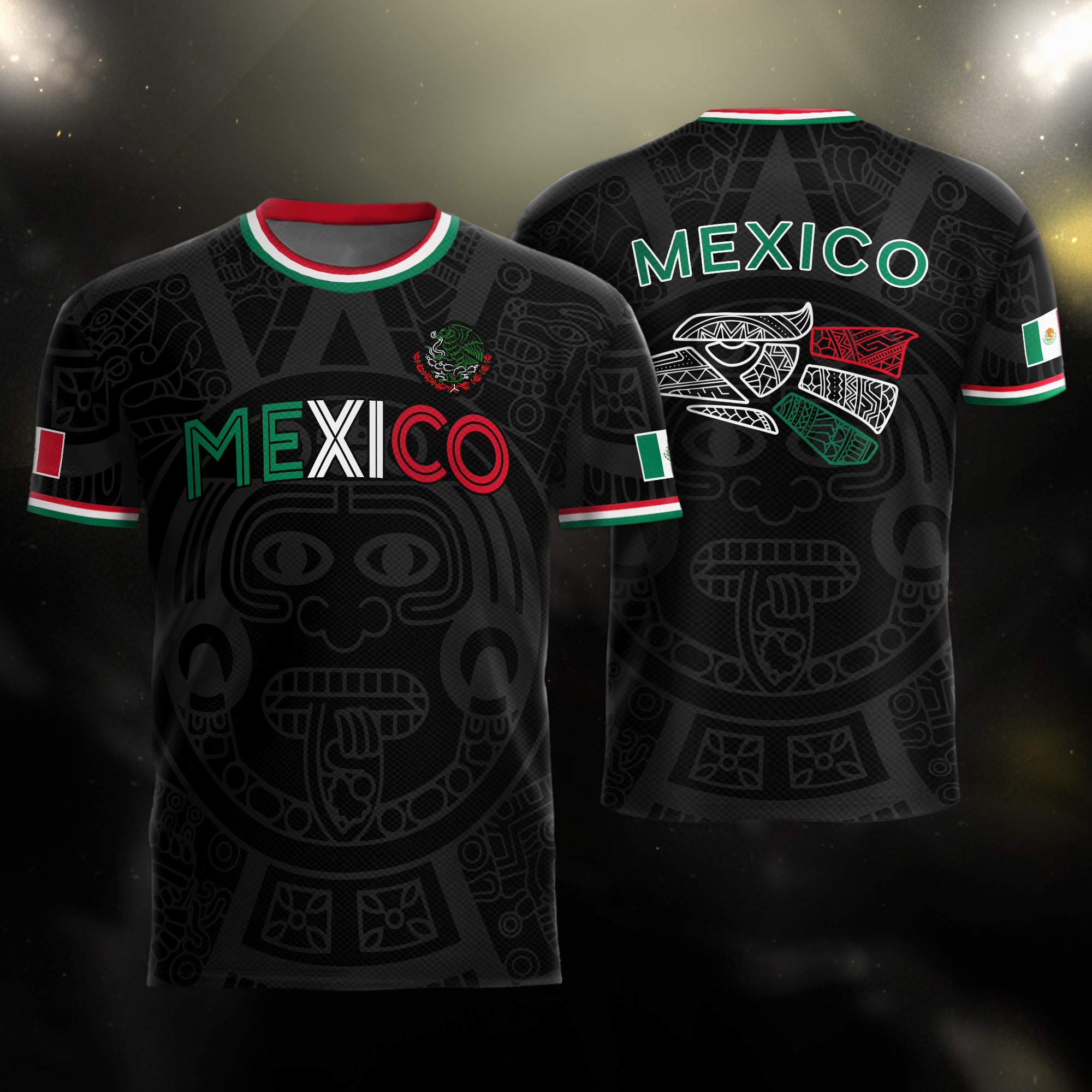 Soccer Jersey Mexico Black Aztec Pattern with Tricolor Accents