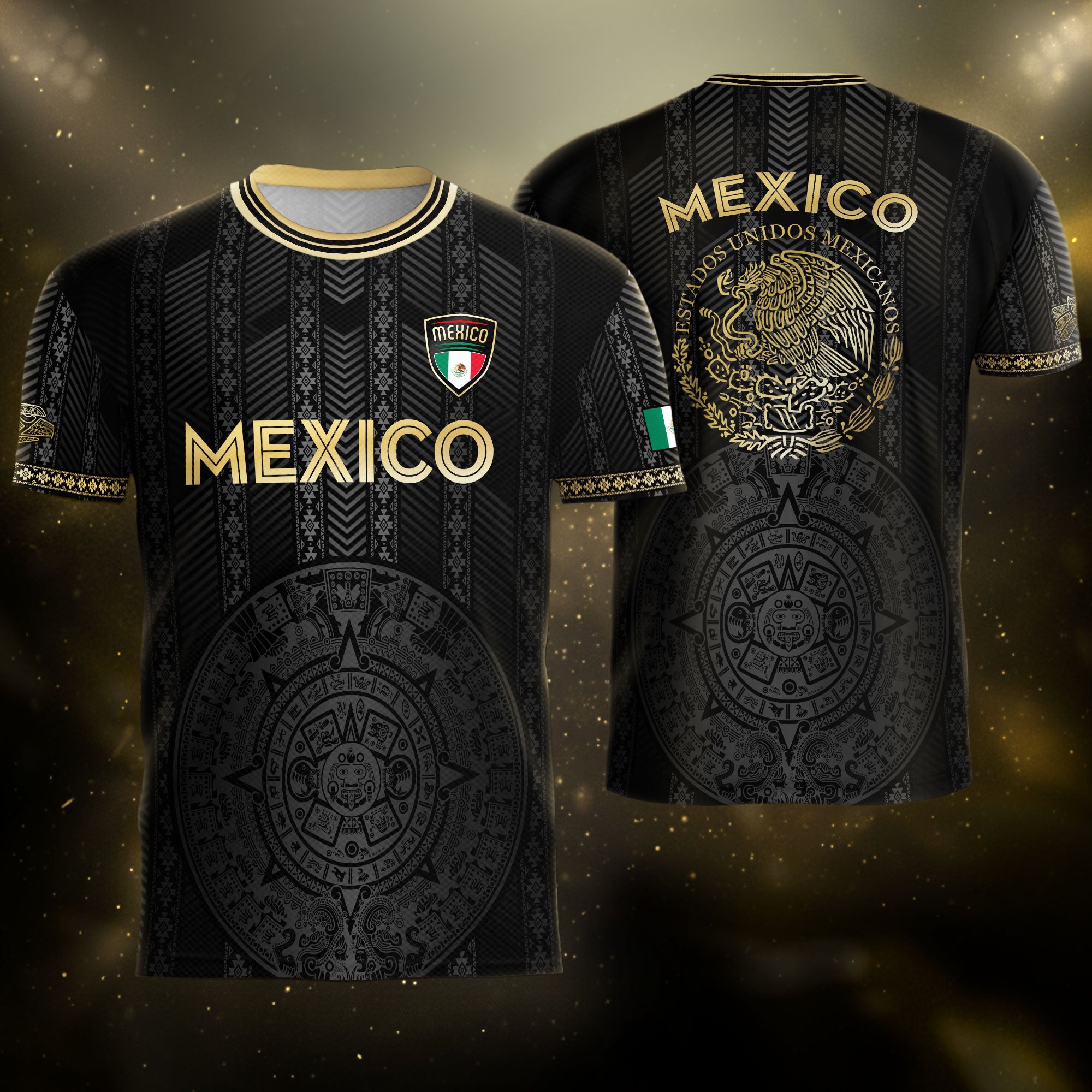 Camiseta de fútbol de México con diseño de calendario azteca, color negro y dorado
