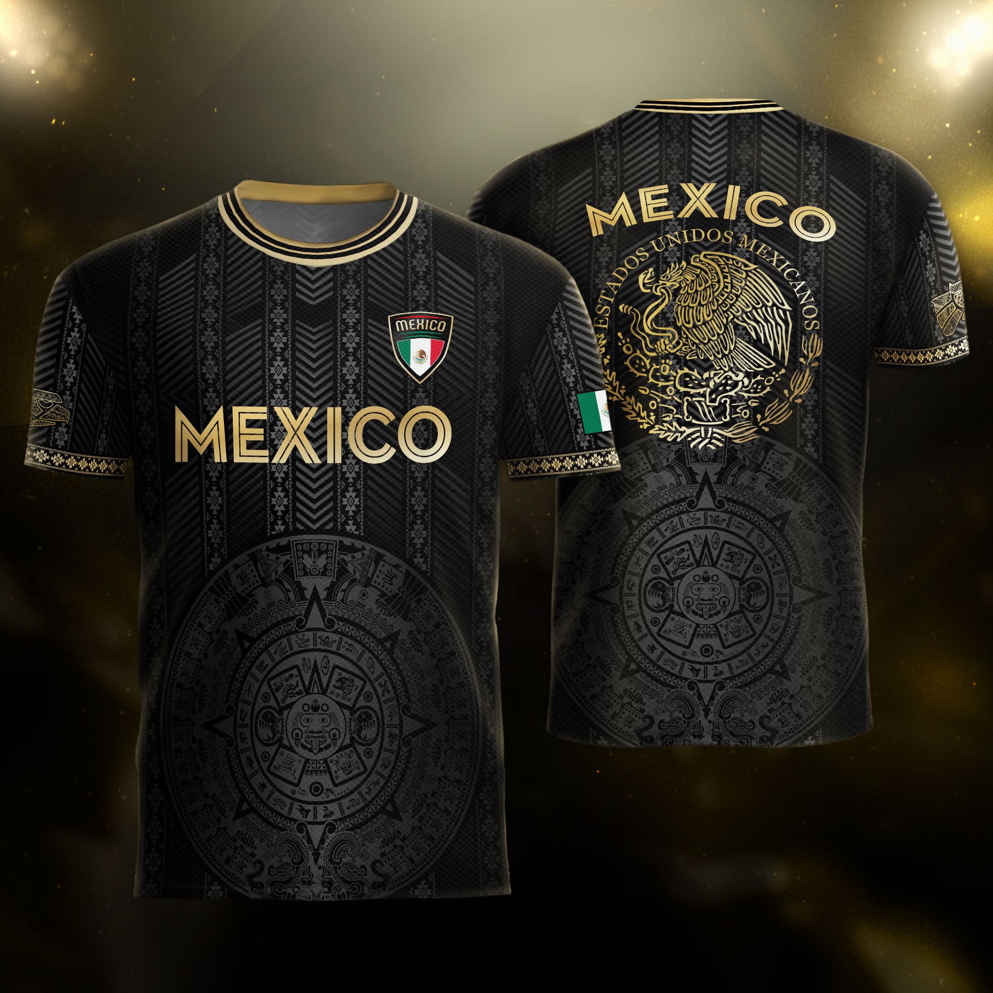 Mexico Soccer Jersey Black Gold Aztec Calendar Design