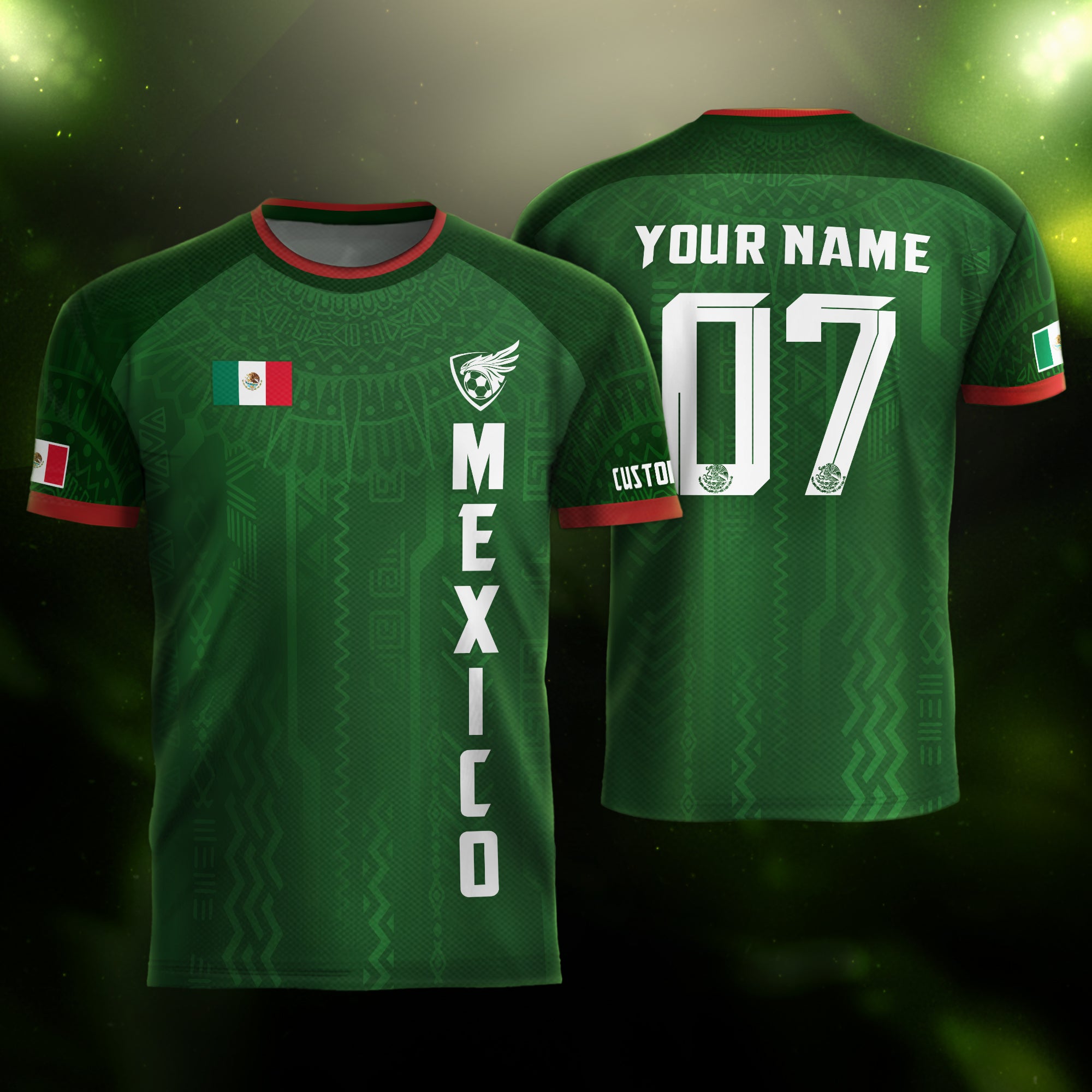 Custom Soccer Jersey Mexico Green Aztec Pattern Design
