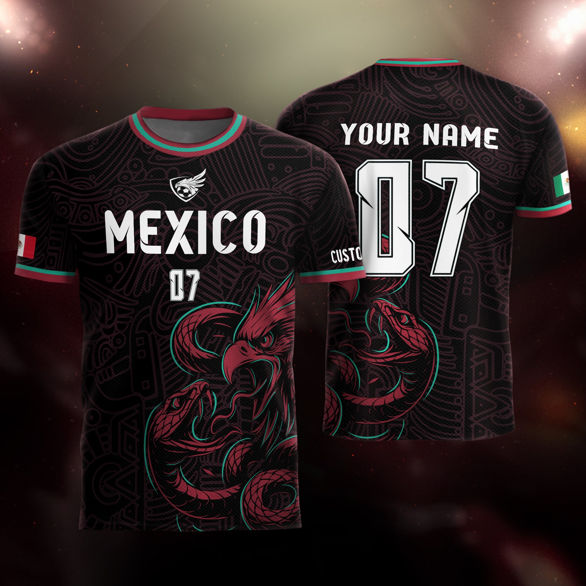 Custom Mexico Black Aztec Eagle Serpent Design Soccer Jersey
