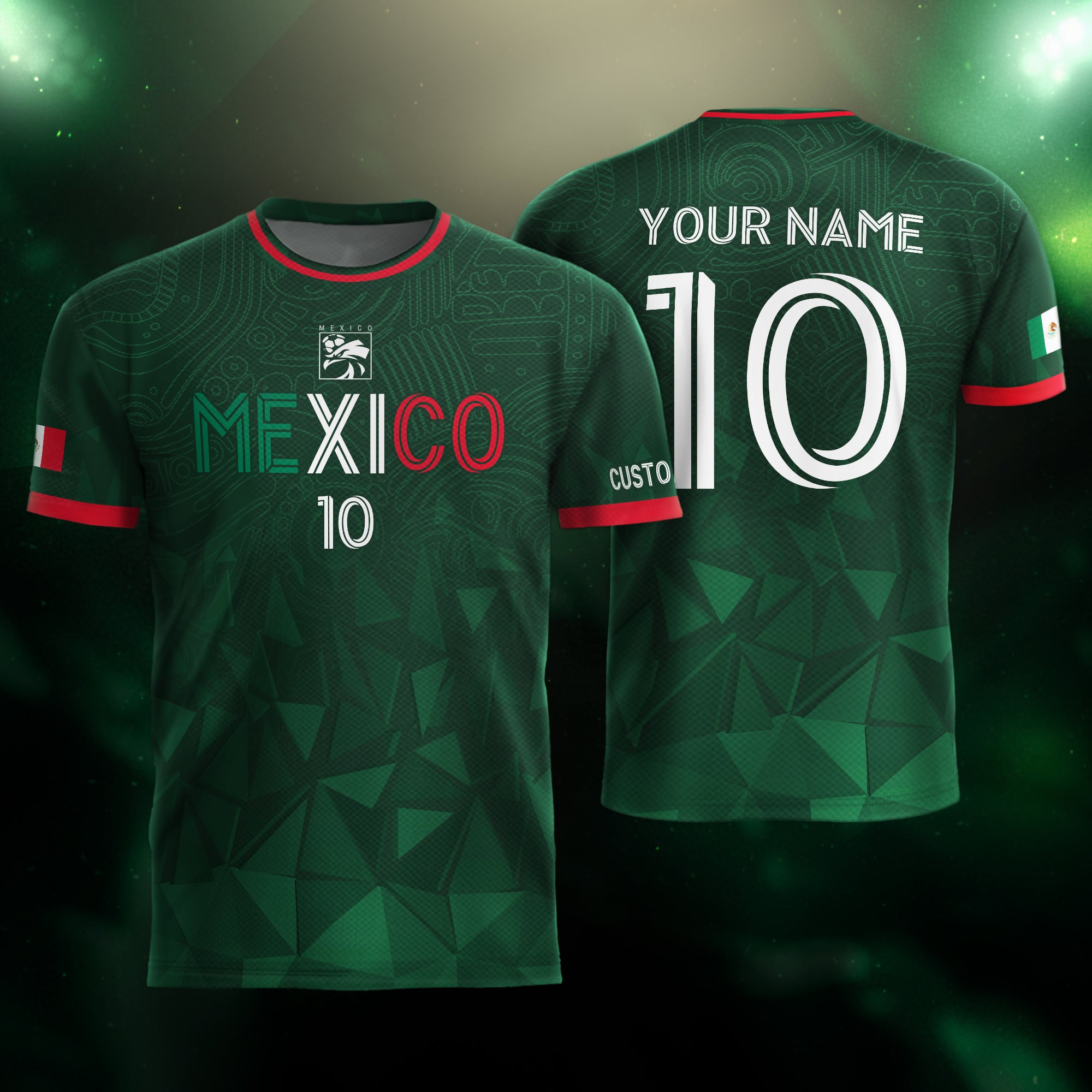 Custom Soccer Jersey Mexico Green Geometric Aztec Design