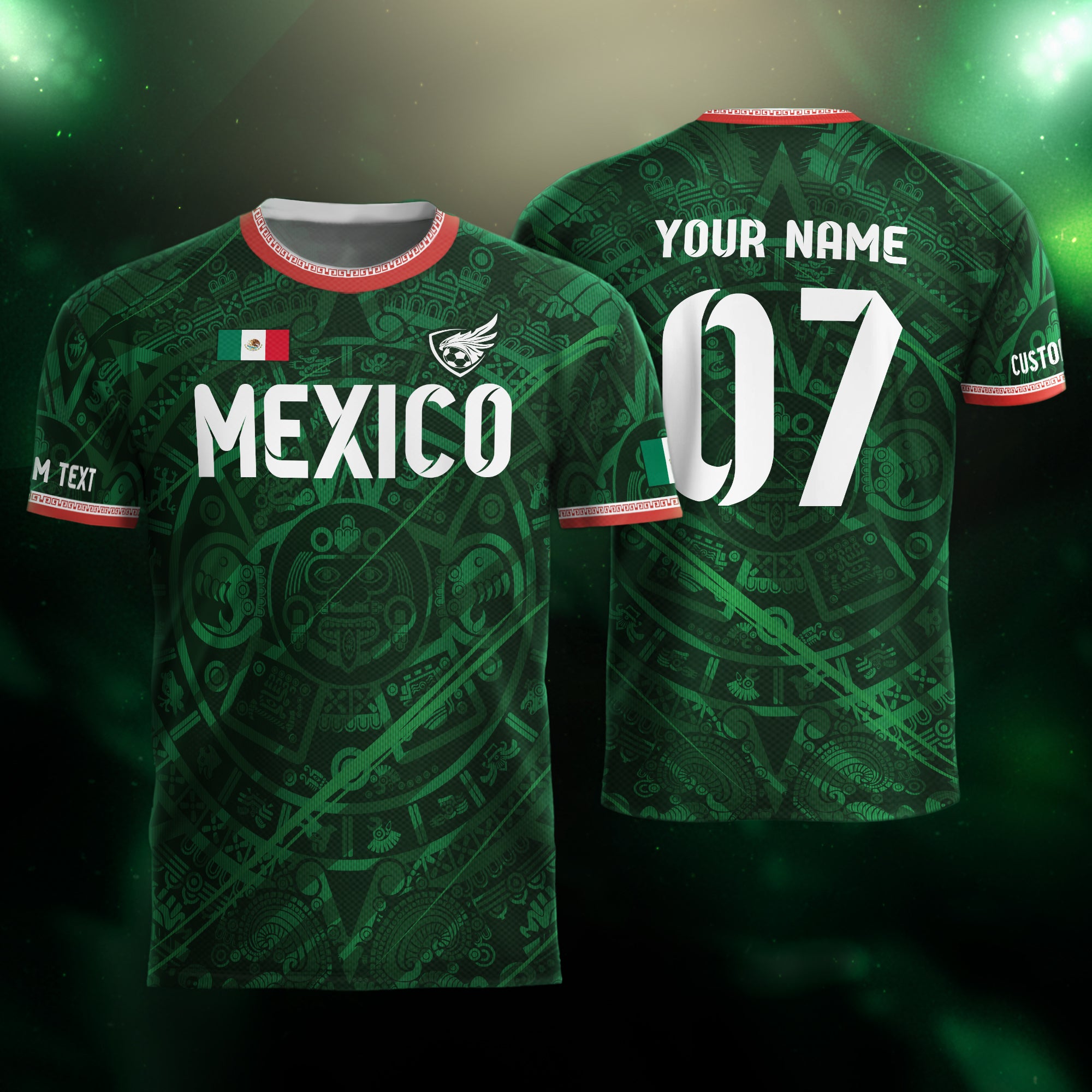 Custom Soccer Jersey Mexico Green Aztec Calendar Design