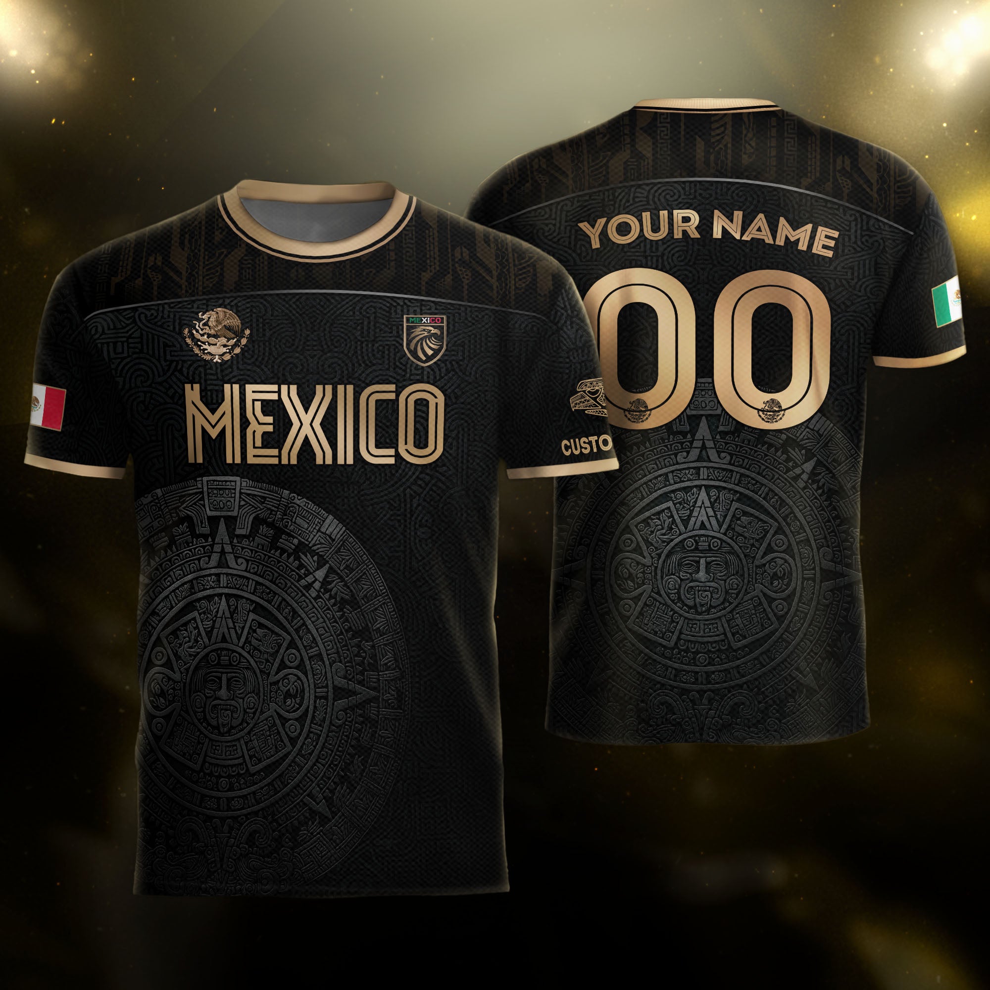 Custom Mexico Black Aztec Calendar Gold Edition Soccer Jersey