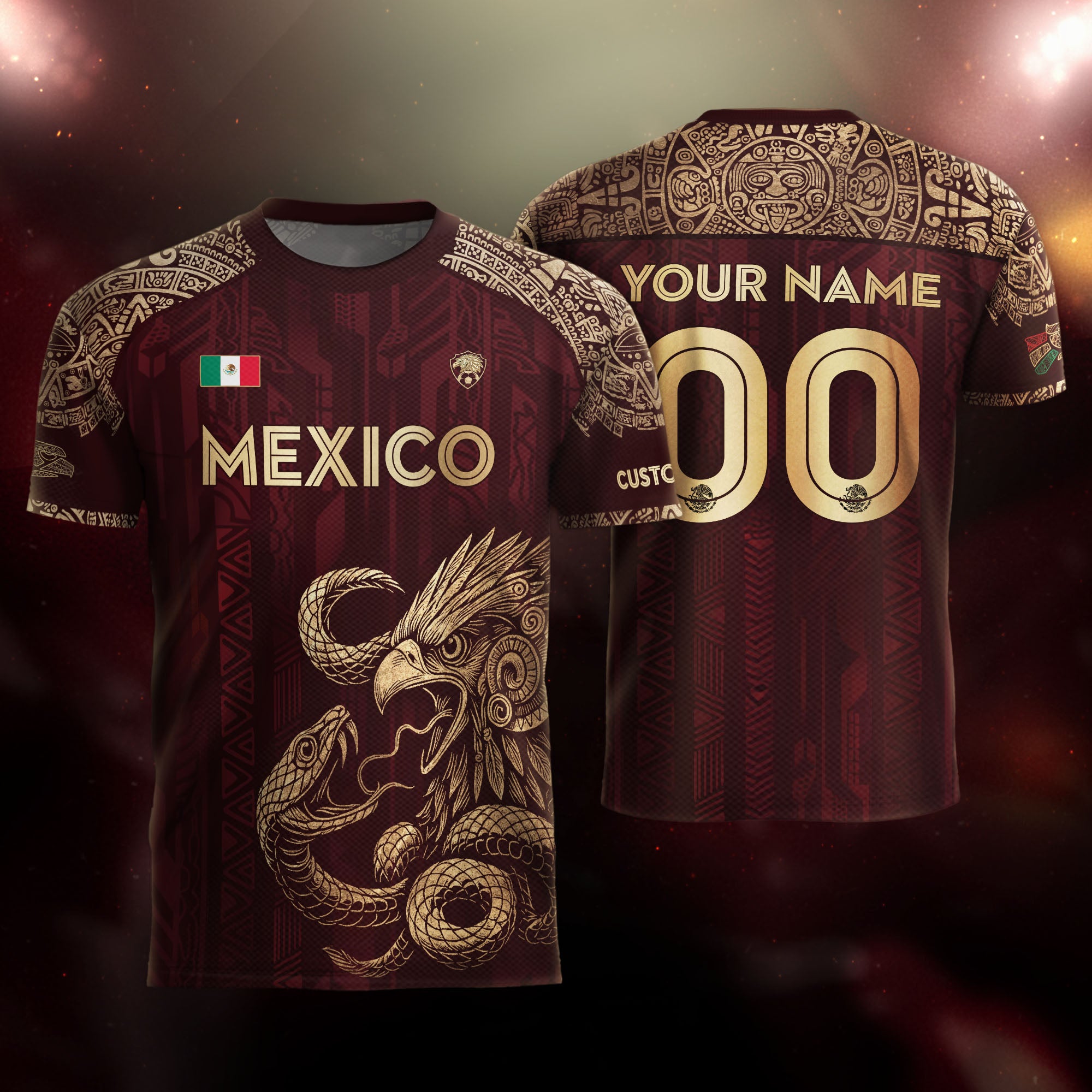 Custom Mexico Burgundy Eagle and Serpent Gold Soccer Jersey