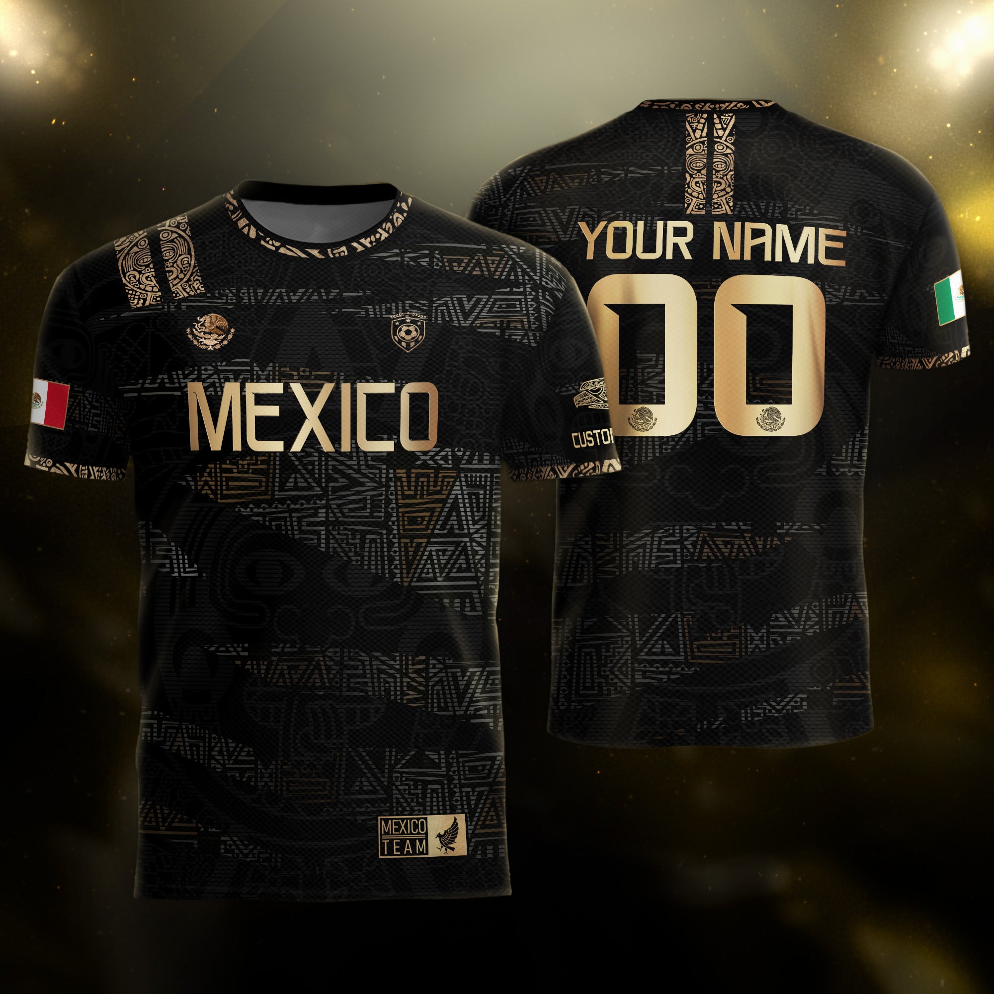 Custom Mexico Soccer Jersey Black Gold Aztec Design