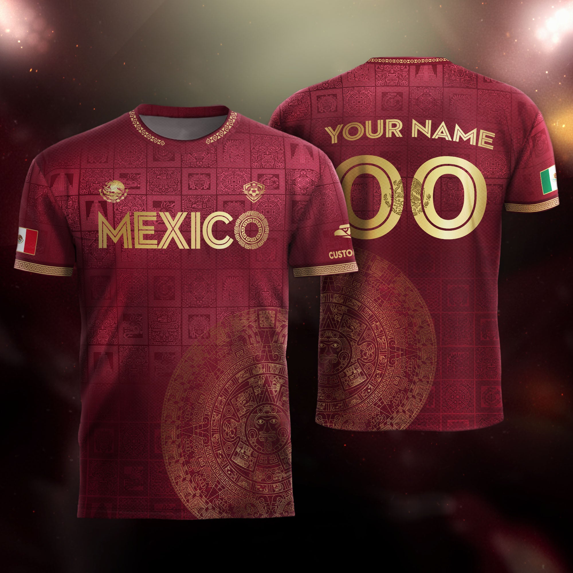 Custom Mexico Maroon Golden Aztec Calendar Soccer Jersey