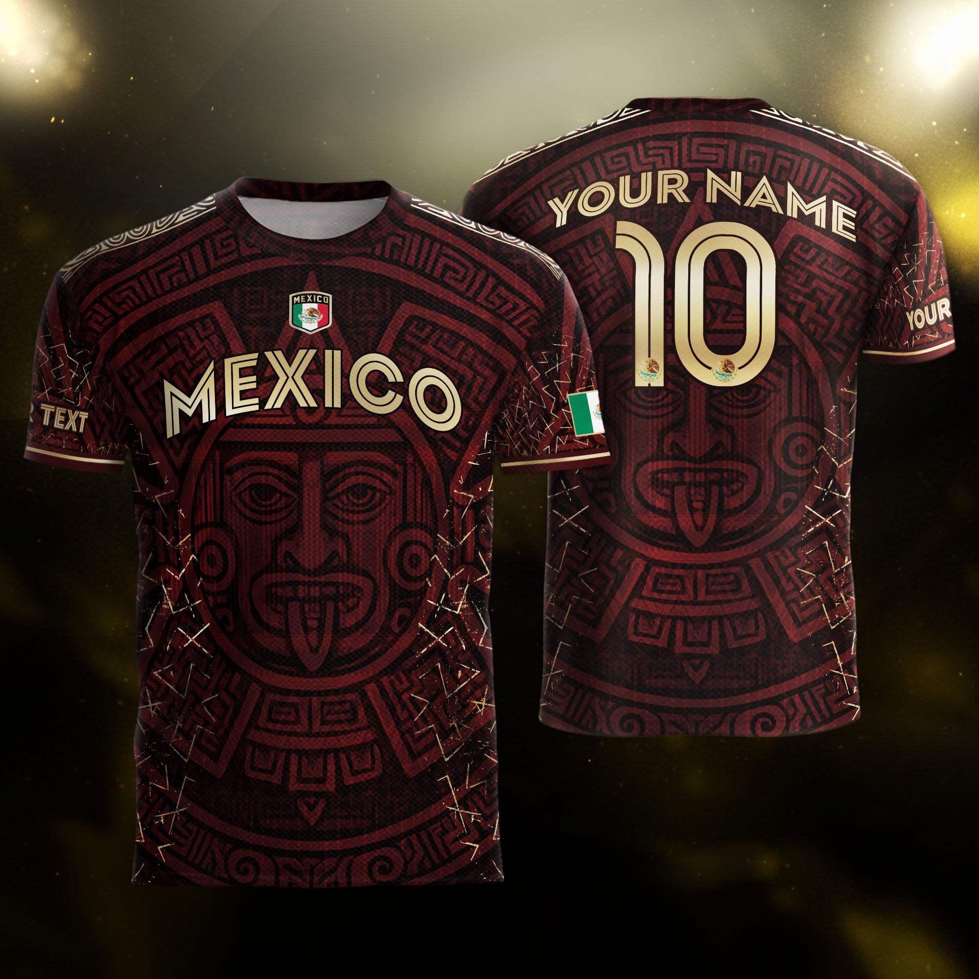 Custom Soccer Jersey Mexico Burgundy Gold Aztec Sun Design
