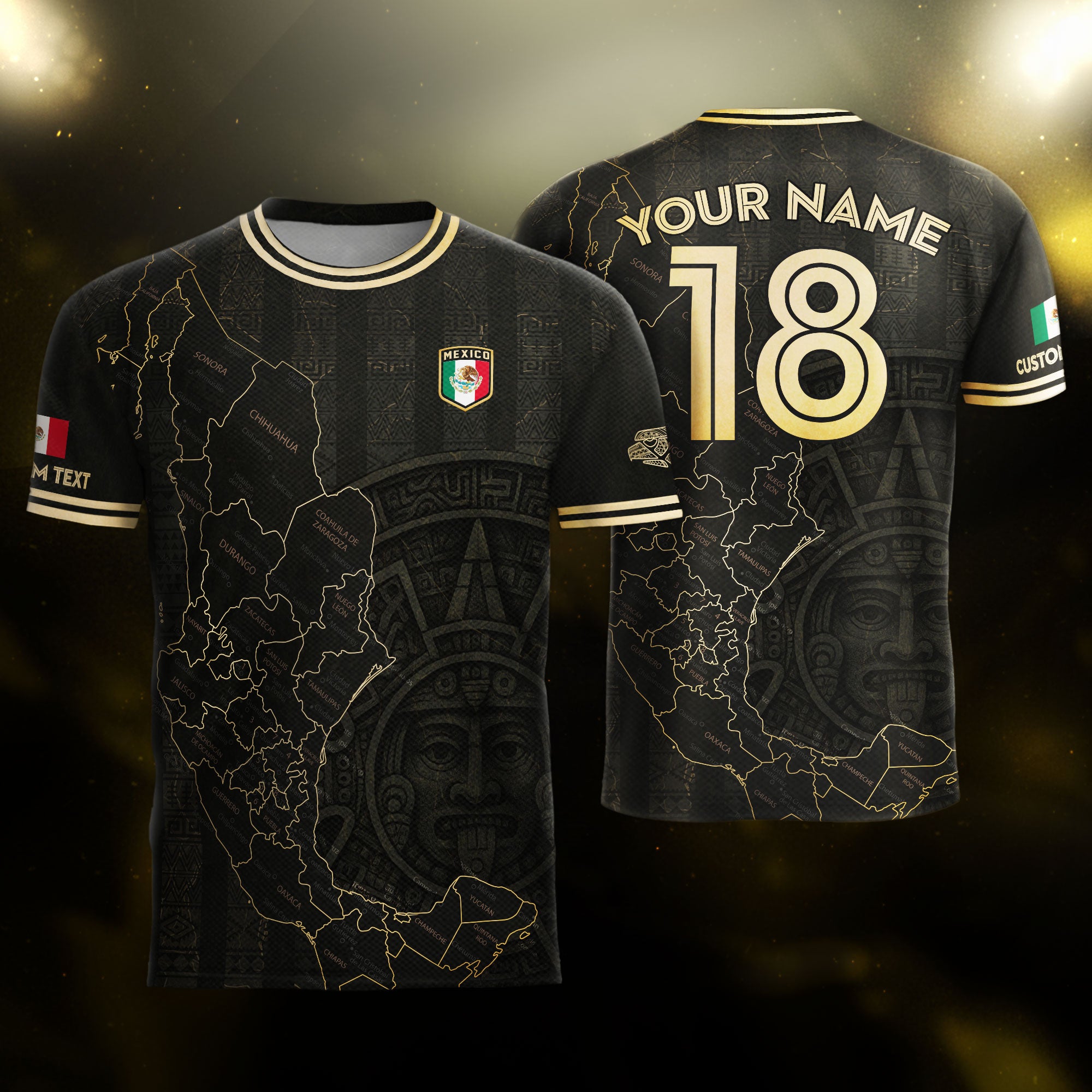 Custom Mexico Black Gold Map Aztec Sun Design Soccer Jersey