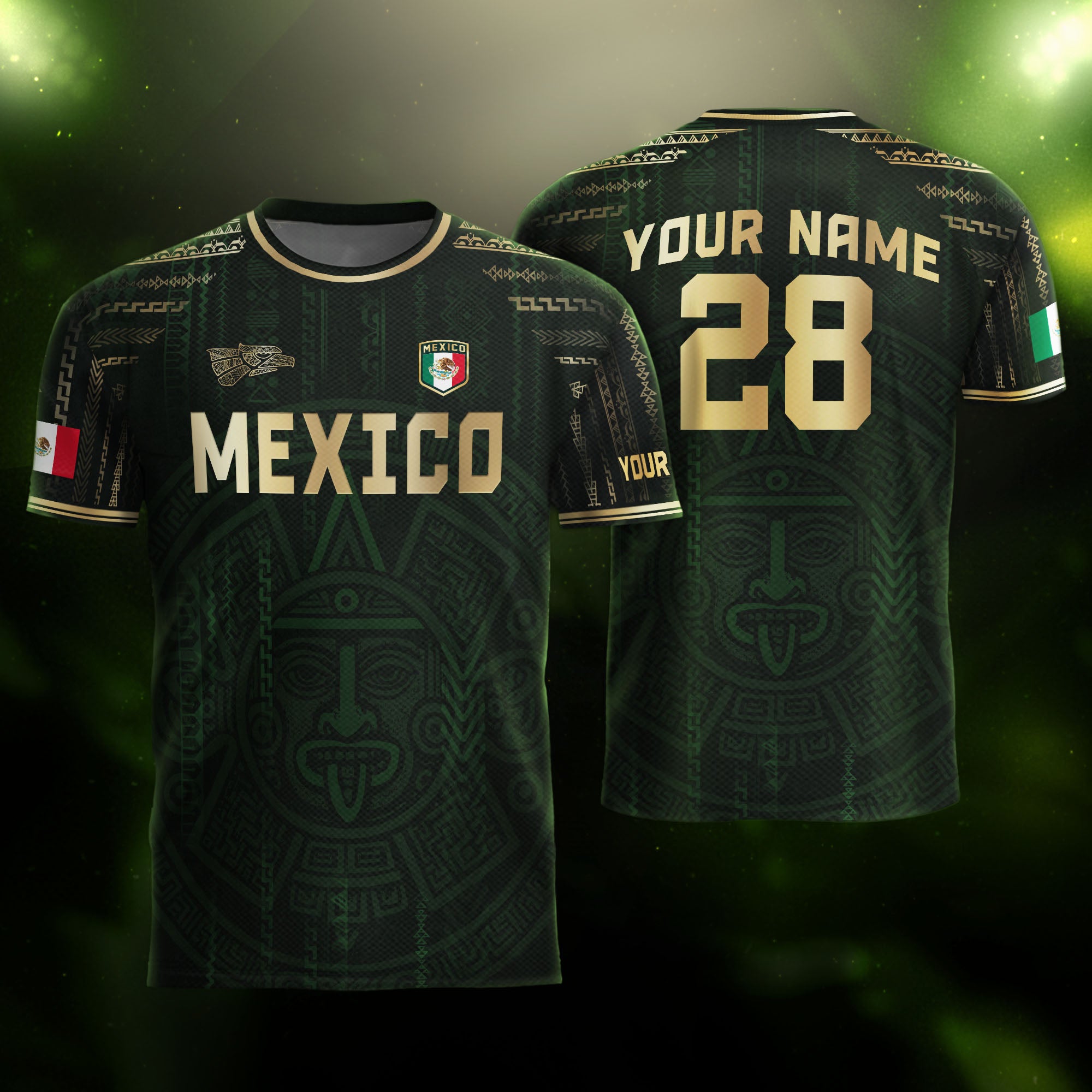 Custom Mexico Dark Green Gold Aztec Sun Design Soccer Jersey