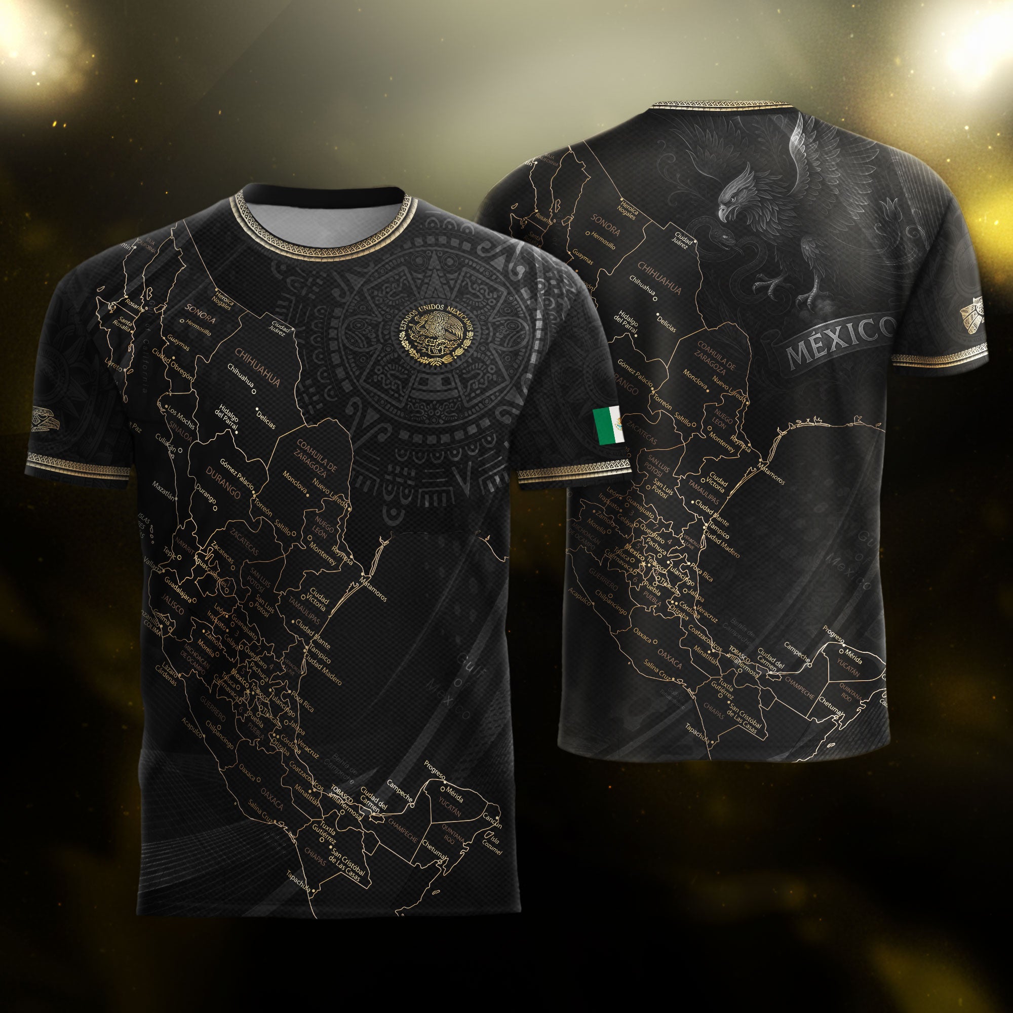 Mexico Aztec Heritage Soccer Jersey 3-Pack Bundle – Black Sunstone Map + Green Gold Eagle + Black Gold Eagle Crest