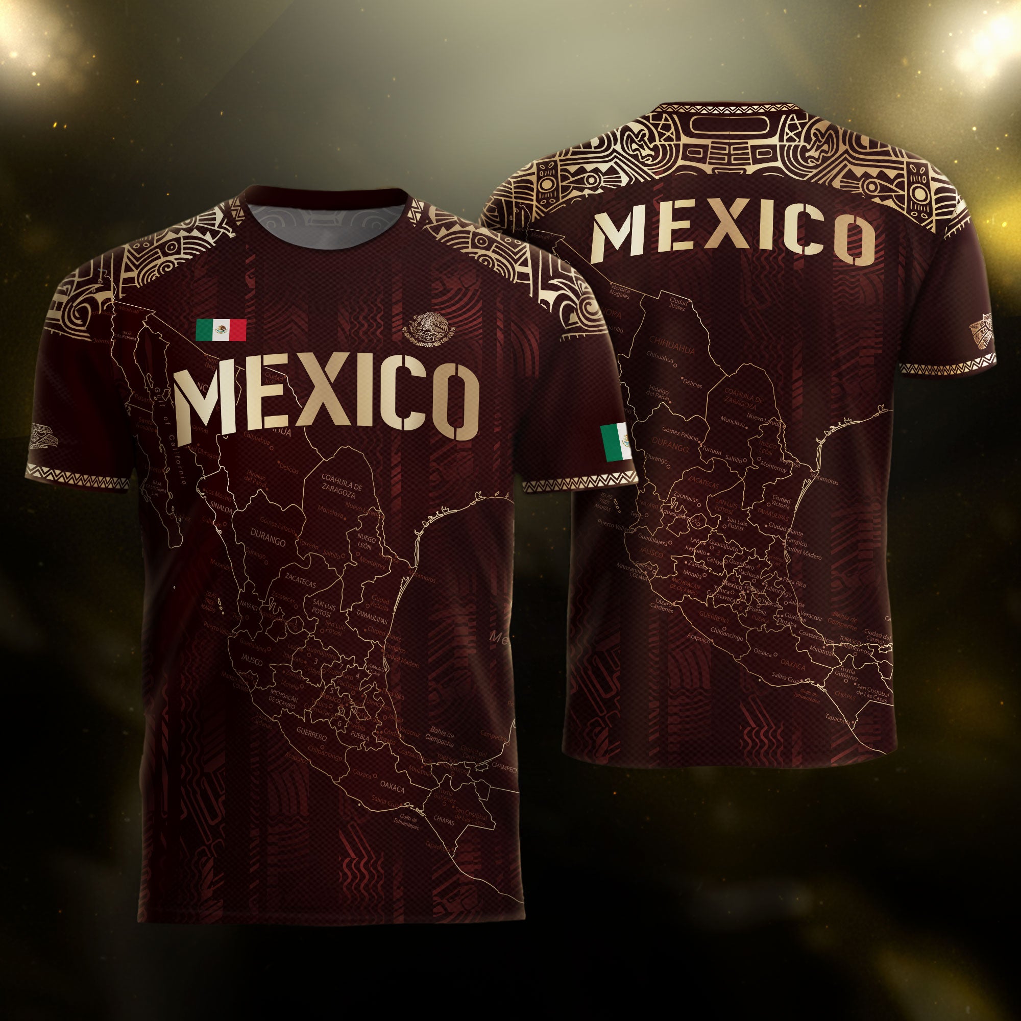 Mexico Soccer Jersey Burgundy Map Aztec Pattern Heritage Golden Details Design