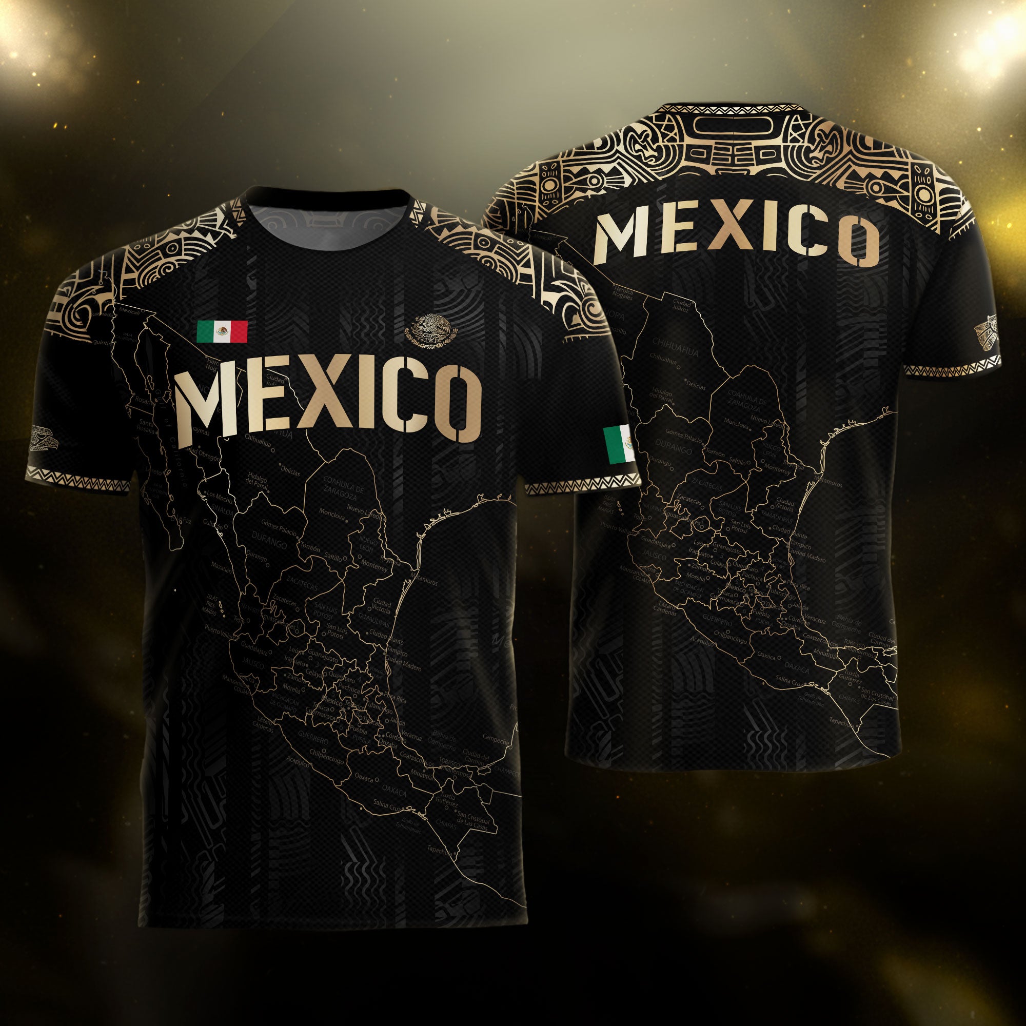 Mexico Black Heritage Map Soccer Jersey with Golden Aztec Details