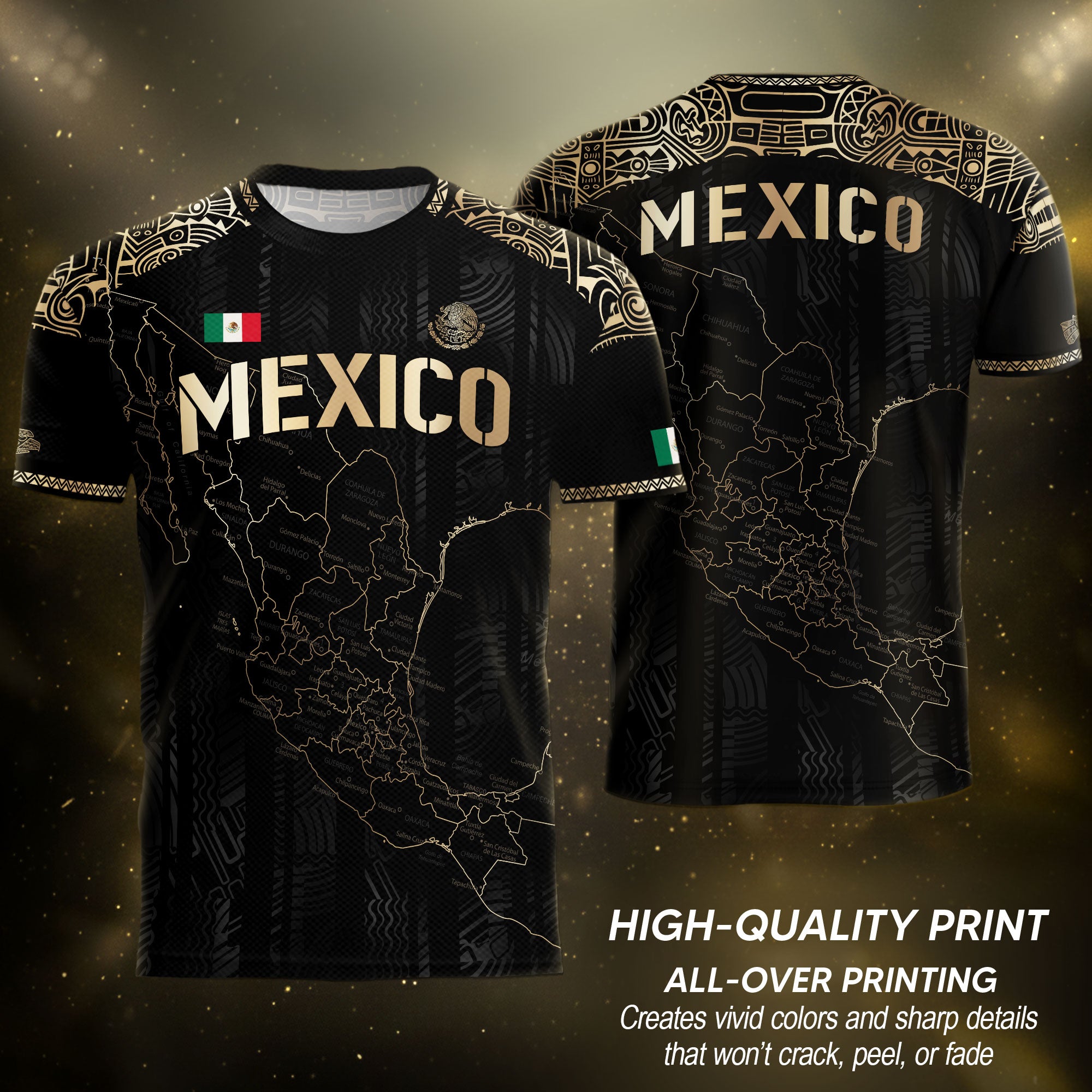 Mexico Black Heritage Map Soccer Jersey with Golden Aztec Details