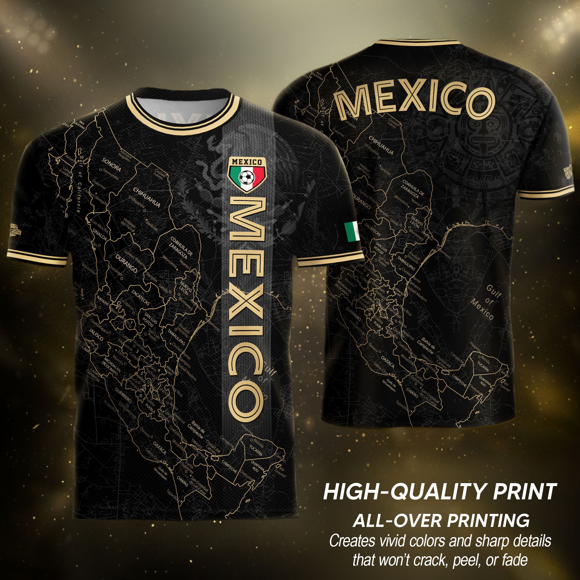 Mexico Black Heritage Map Soccer Jersey with Golden Aztec Accents