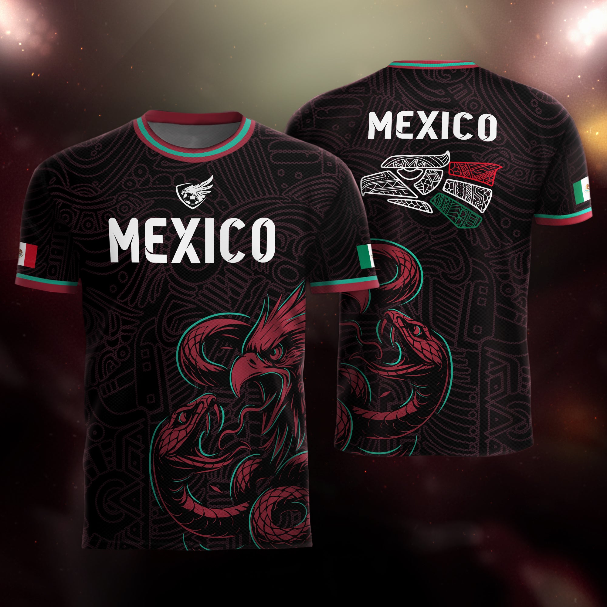 Mexico Black Red Aztec Eagle And Serpent Soccer Jersey