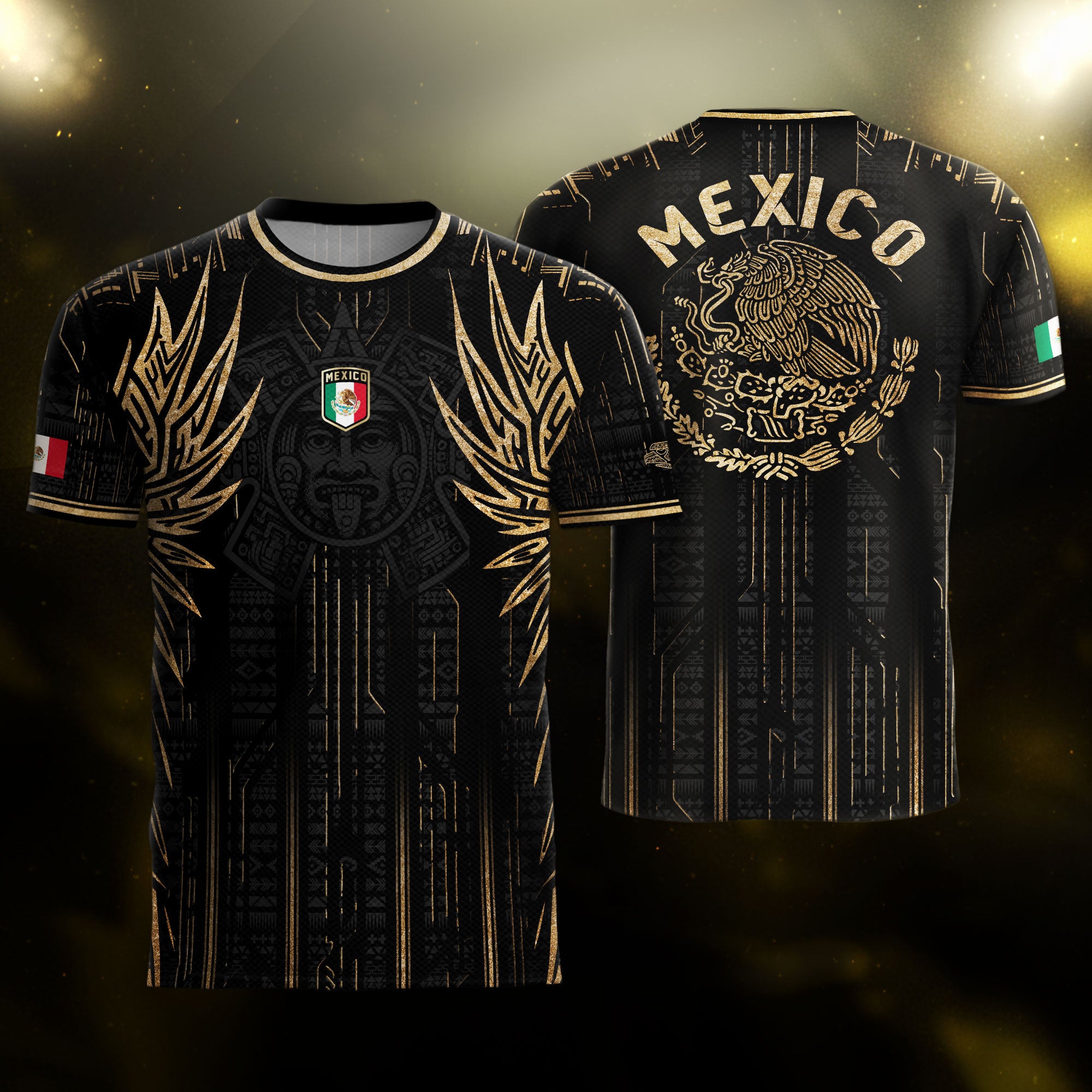 Mexico Soccer Jersey Black Aztec Warrior Gold Feather Design