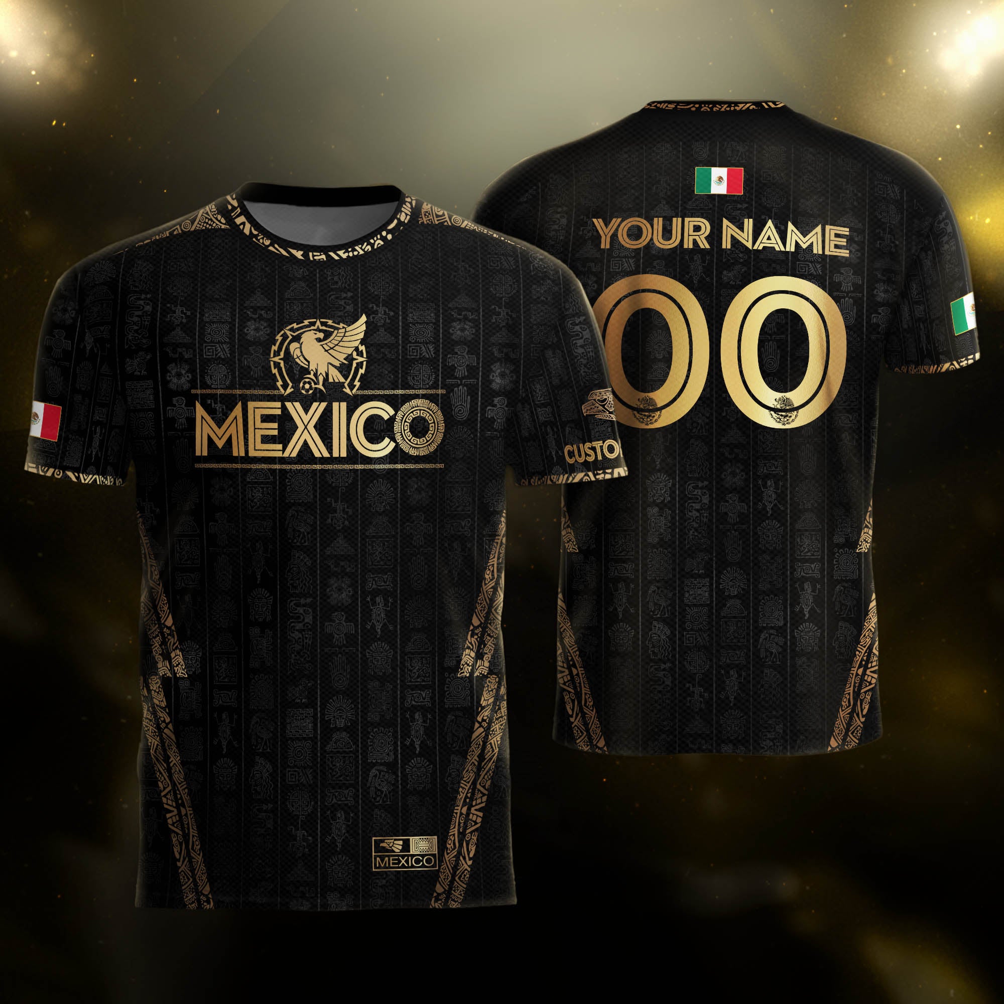 Custom Mexico Black Gold Soccer Jersey with Aztec Eagle Design