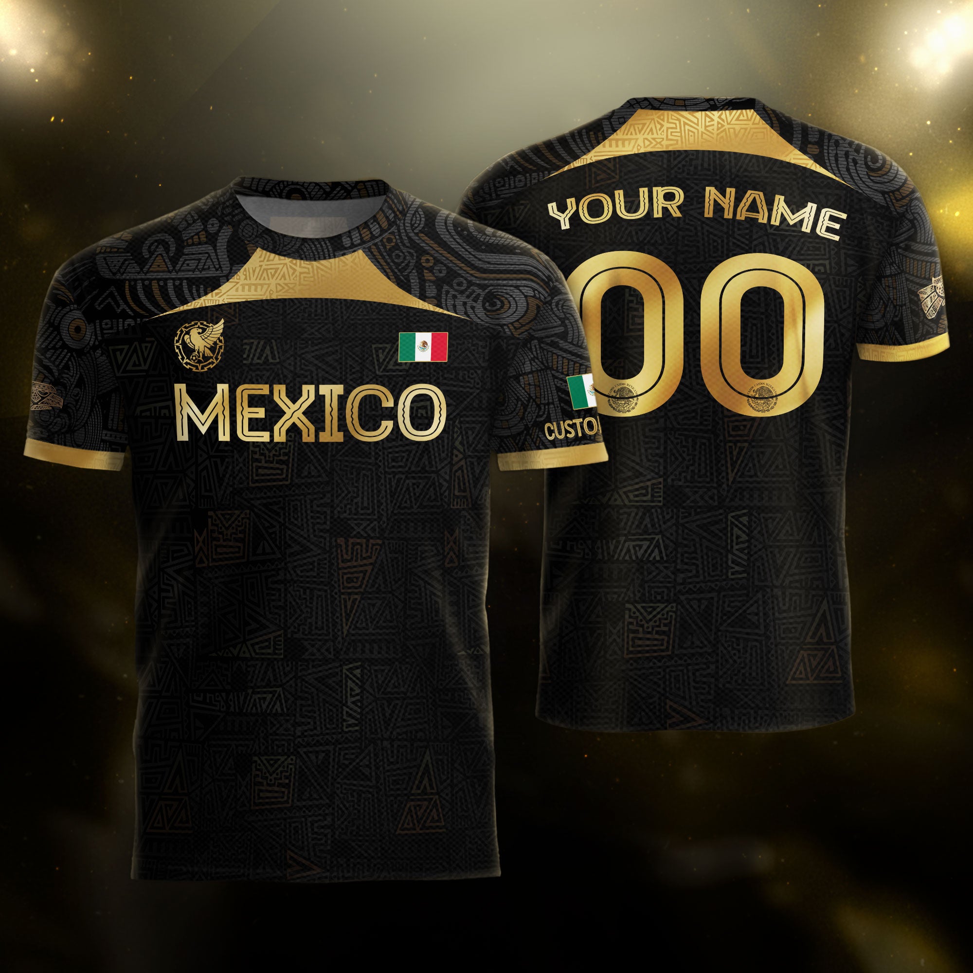 Custom Mexico Black Gold Soccer Jersey with Aztec Warrior Pattern