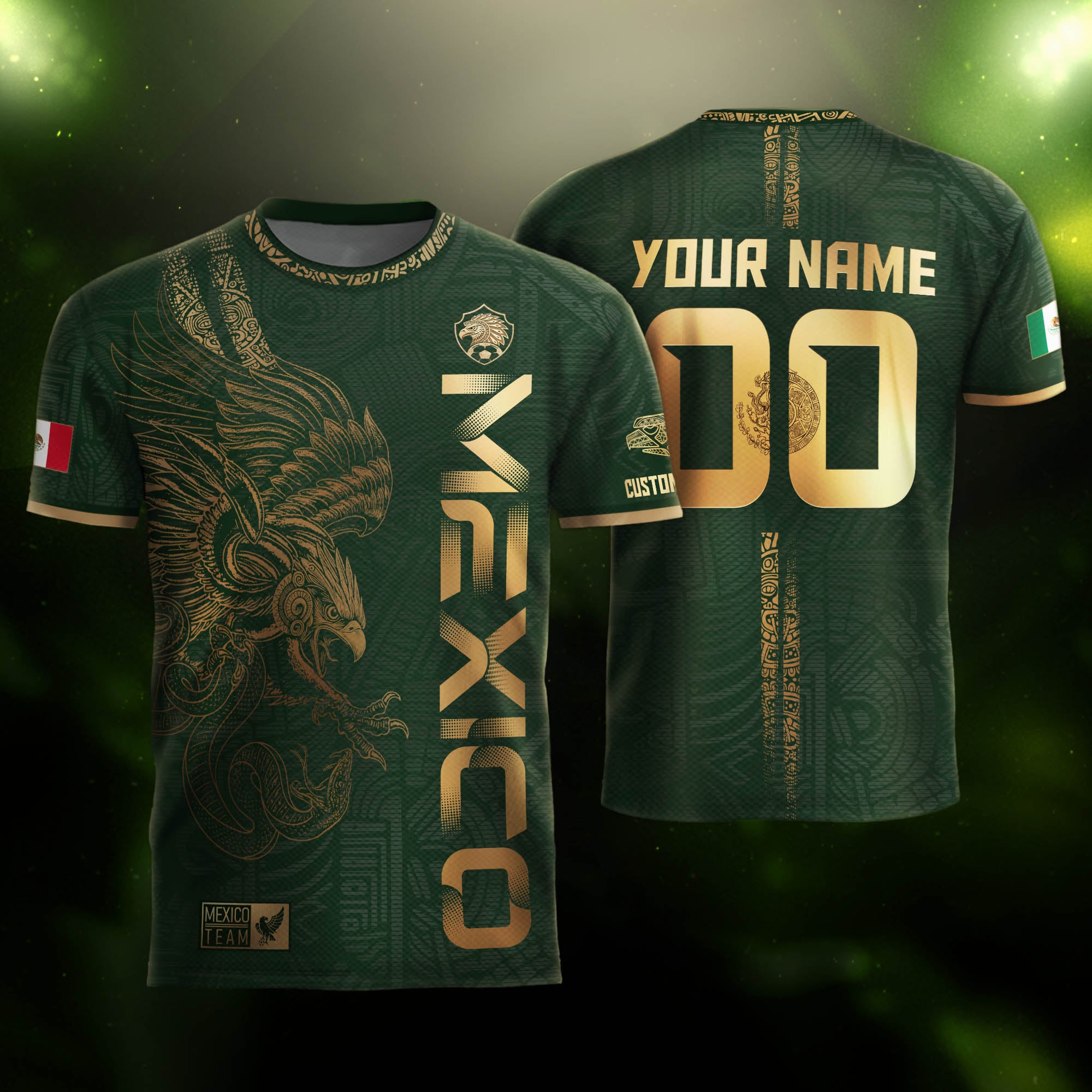 Custom Mexico Green Gold Soccer Jersey with Aztec Eagle Serpent Design