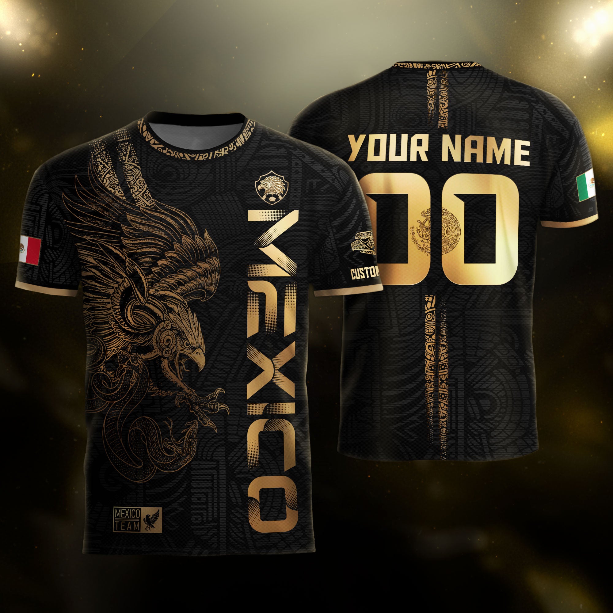 Custom Mexico Black Gold Soccer Jersey with Aztec Eagle Serpent Design