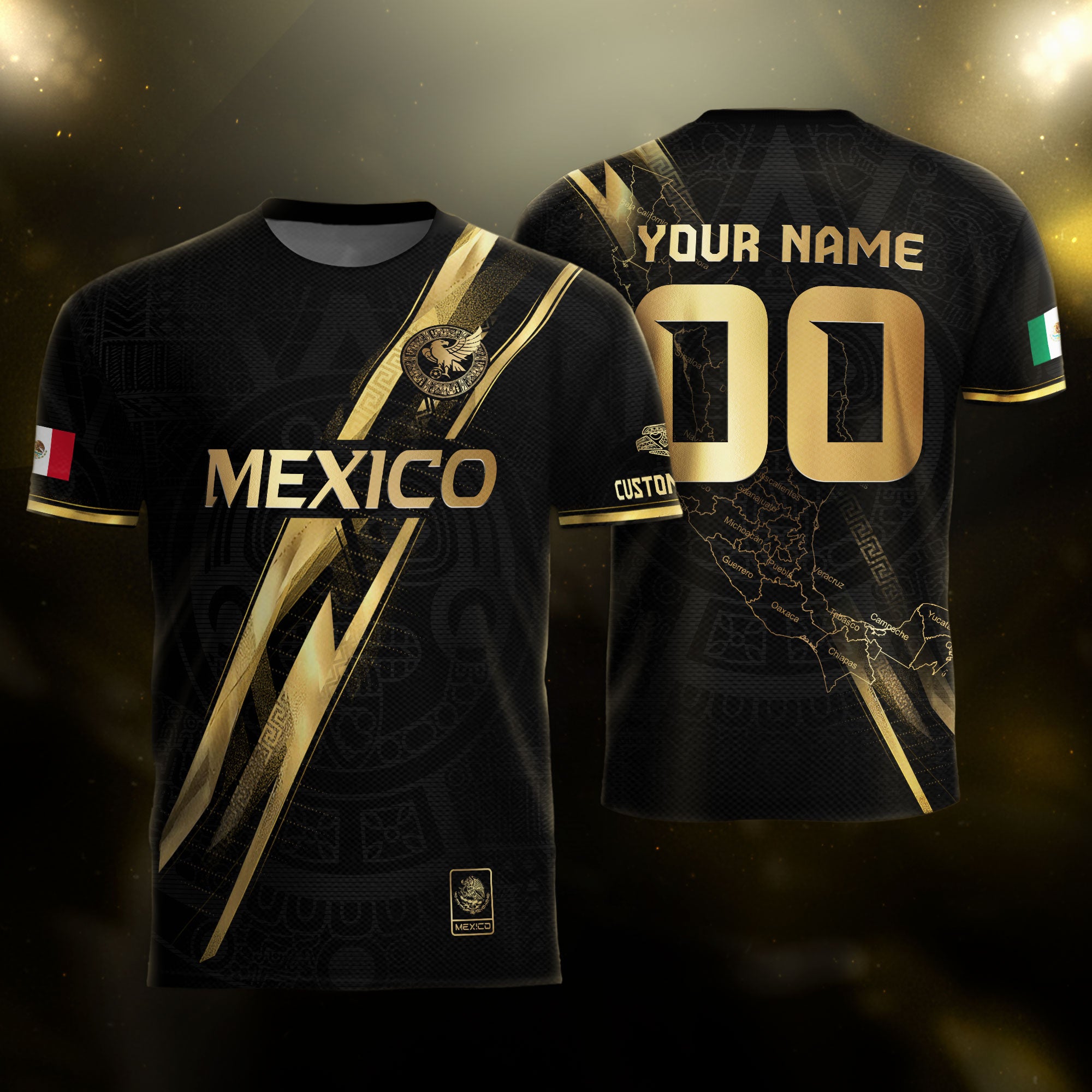 Custom Mexico Black Gold Soccer Jersey with Heritage Map Stripe Design