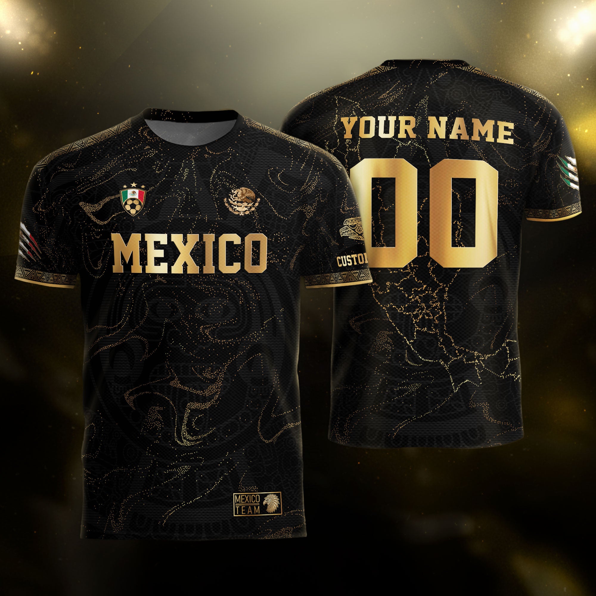 Custom Mexico Black Gold Soccer Jersey with Heritage Map and Aztec Pattern
