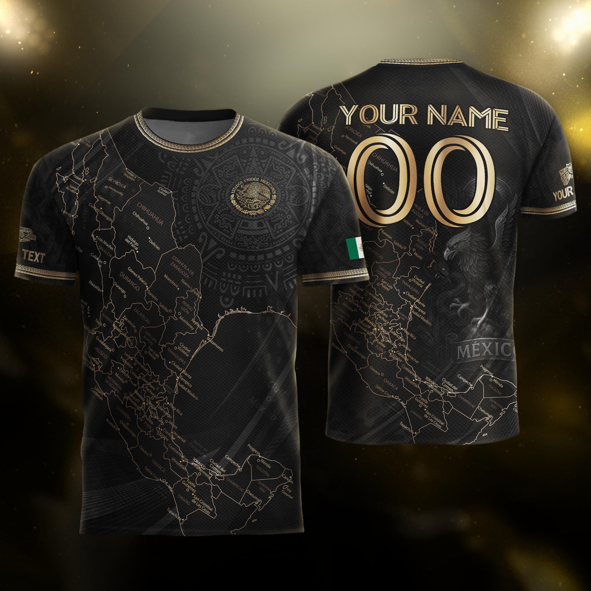 Custom Mexico Black Gold Map Aztec Eagle Heritage Soccer Jersey
