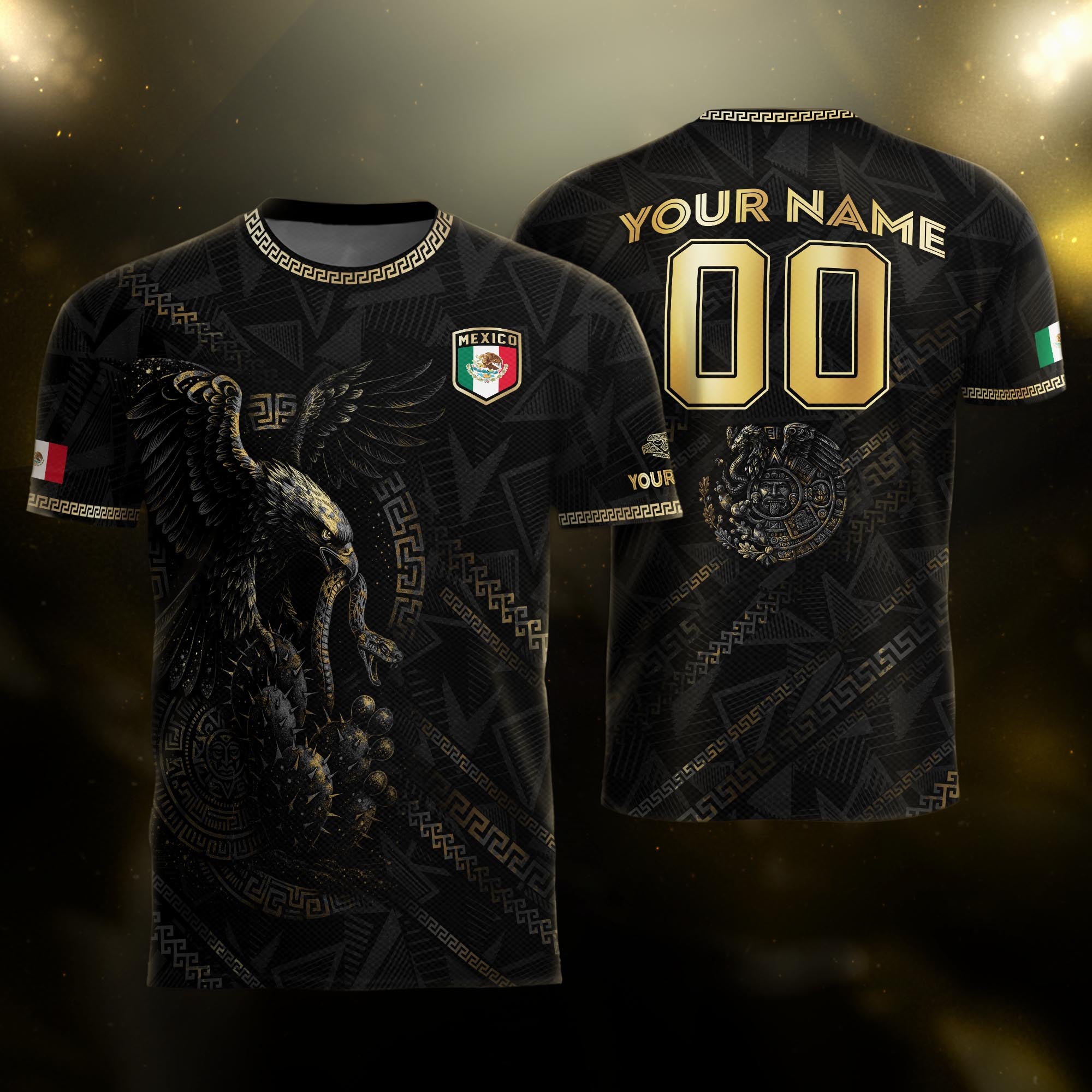 Custom Mexico Black Gold Eagle and Serpent Aztec Heritage Soccer Jersey