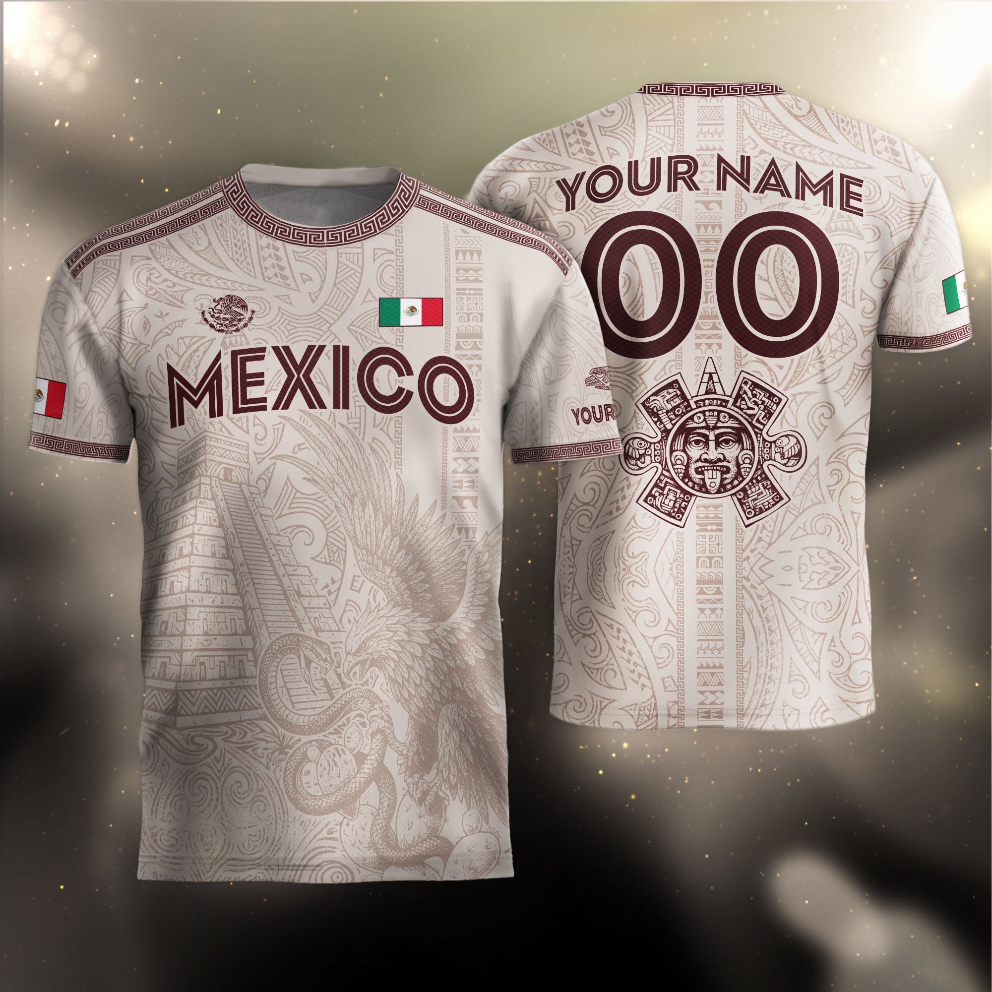 Custom Mexico Beige Aztec Eagle Pyramid Heritage Soccer Jersey