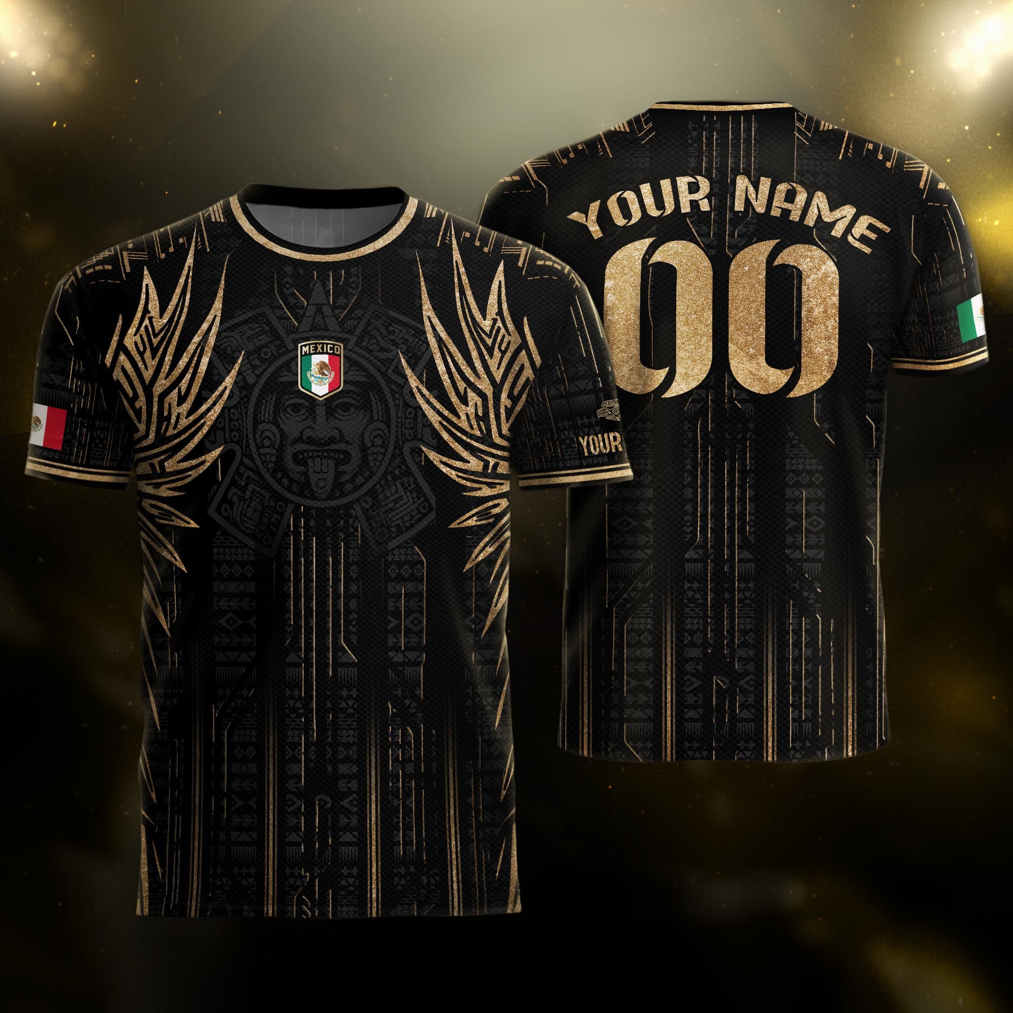 Custom Mexico Black Gold Aztec Warrior Wings Heritage Soccer Jersey