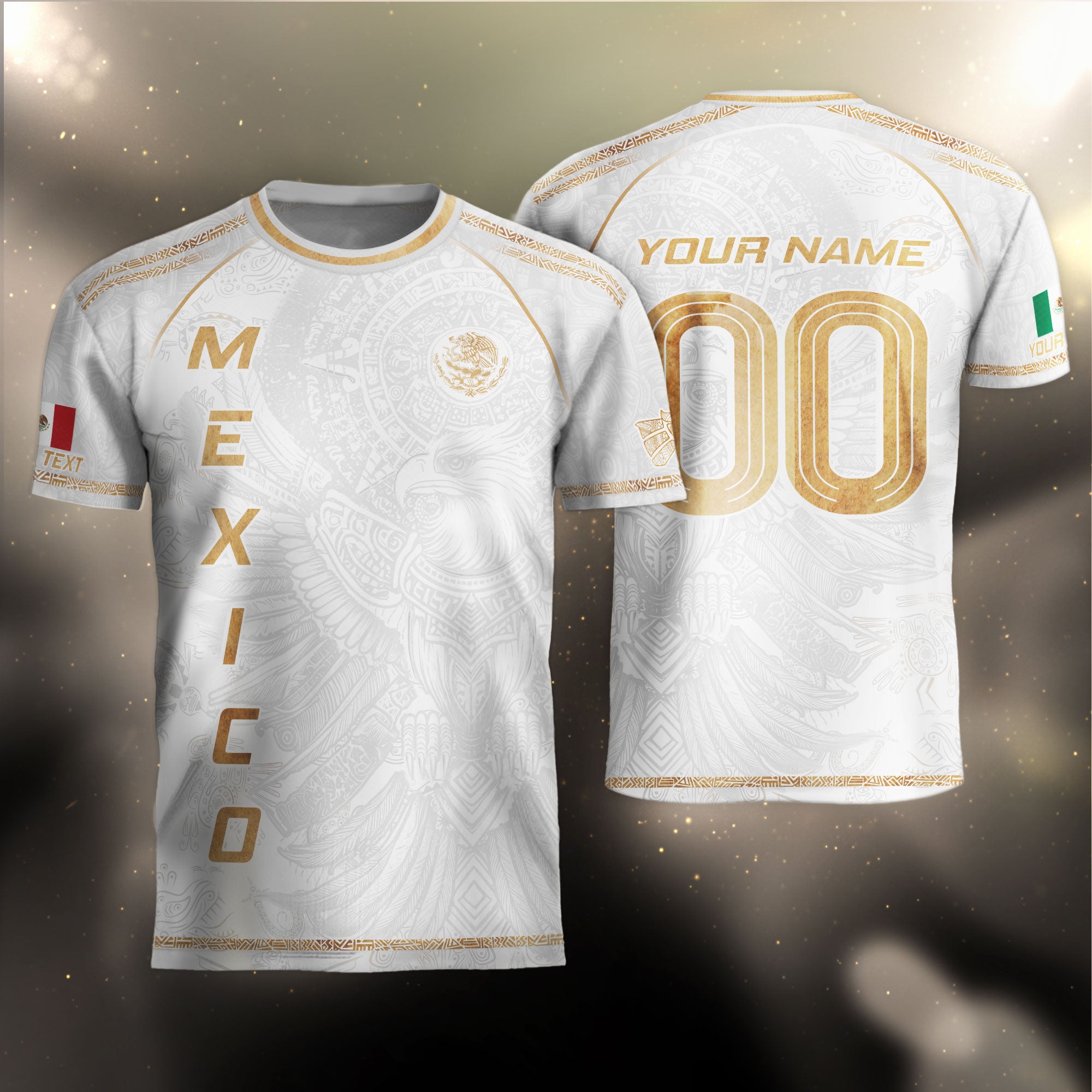 Custom Mexico Soccer Jersey White Gold Heritage Aztec Eagle Design