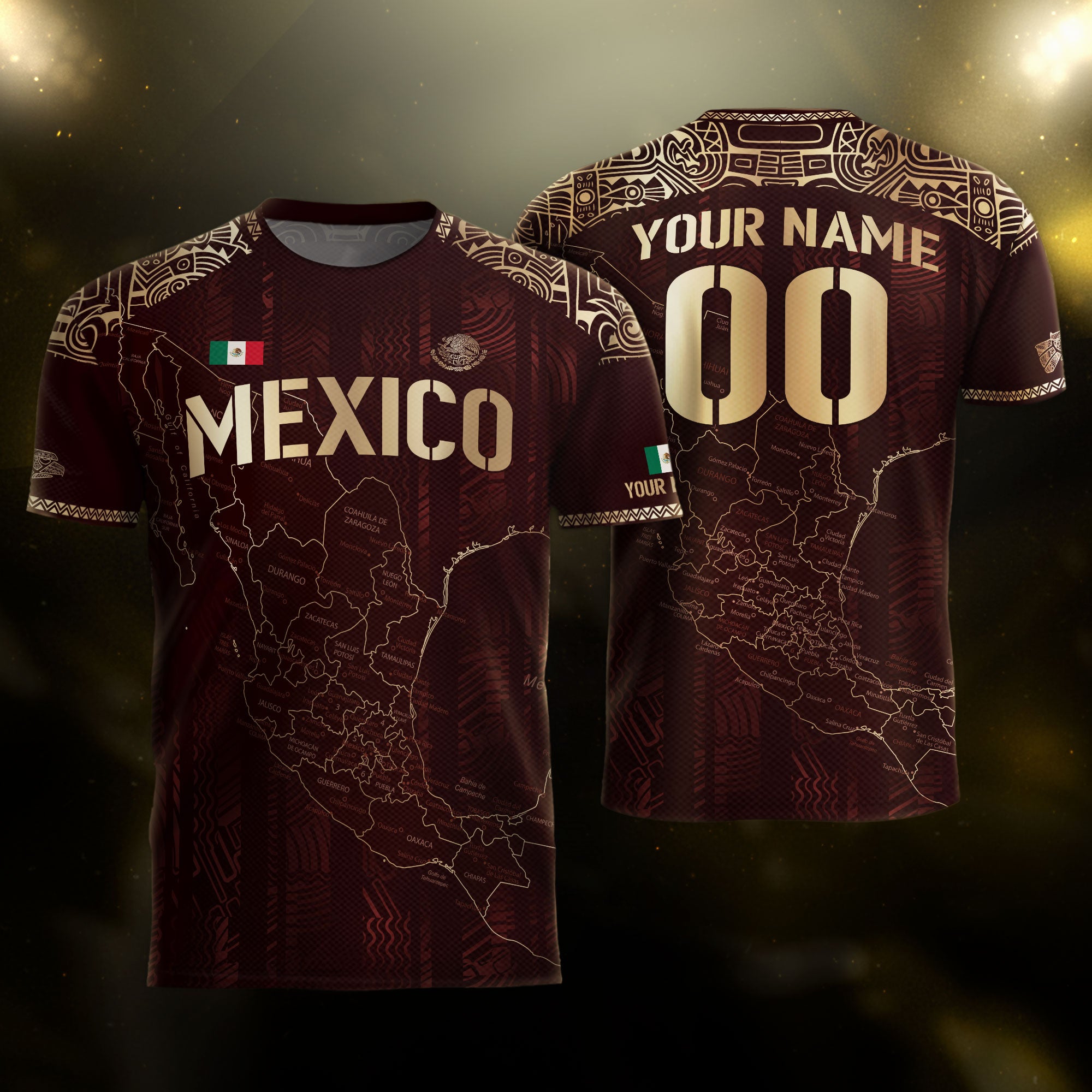 Custom Mexico Burgundy Soccer Jersey with Golden Aztec Map Design