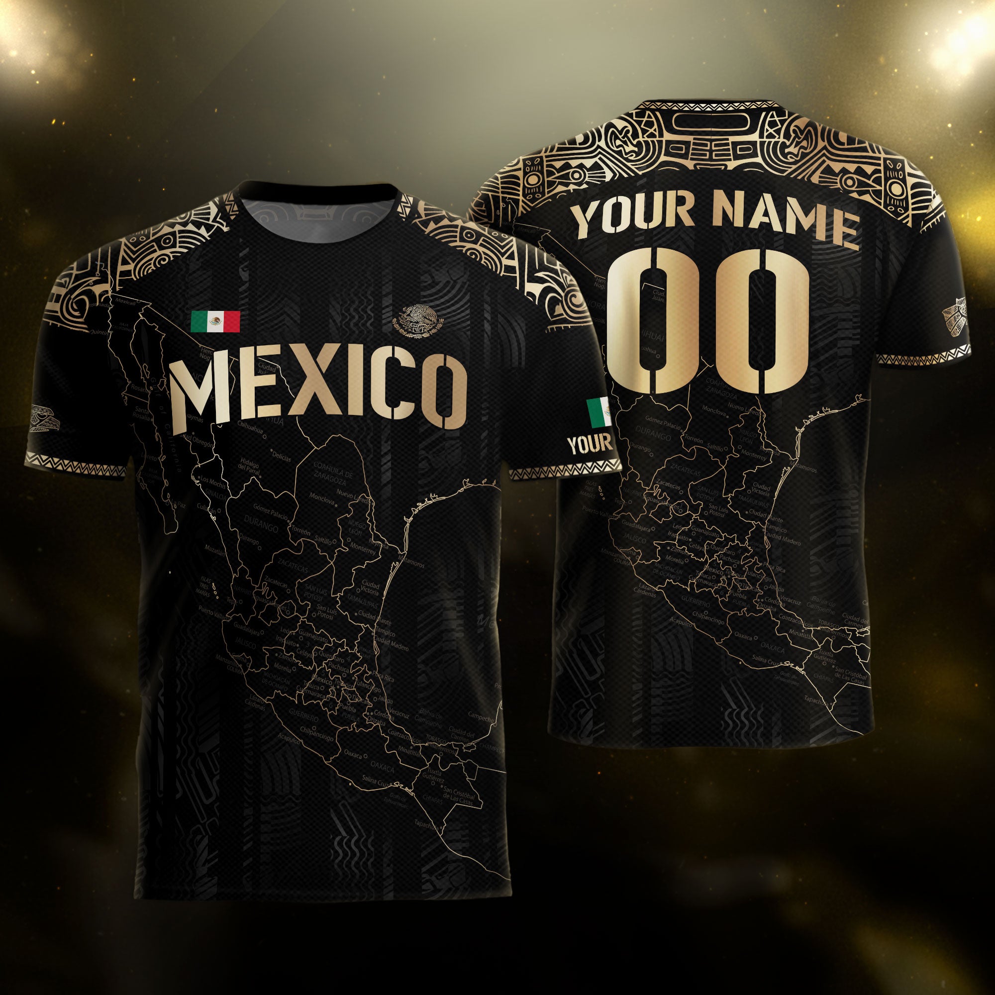 Custom Mexico Black Gold Soccer Jersey with Heritage Map and Aztec Details