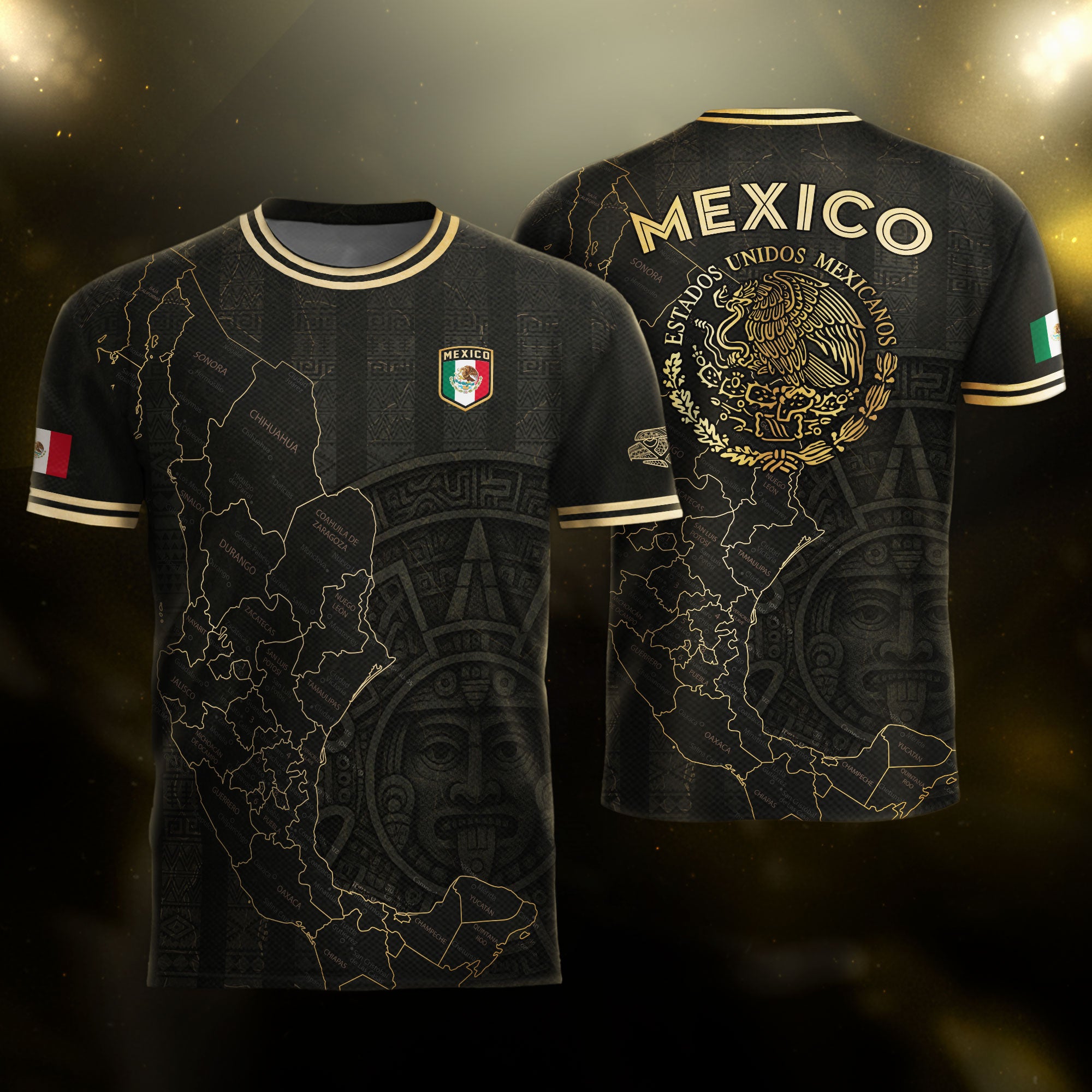 Mexico Black Gold Map Aztec Calendar Heritage Soccer Jersey