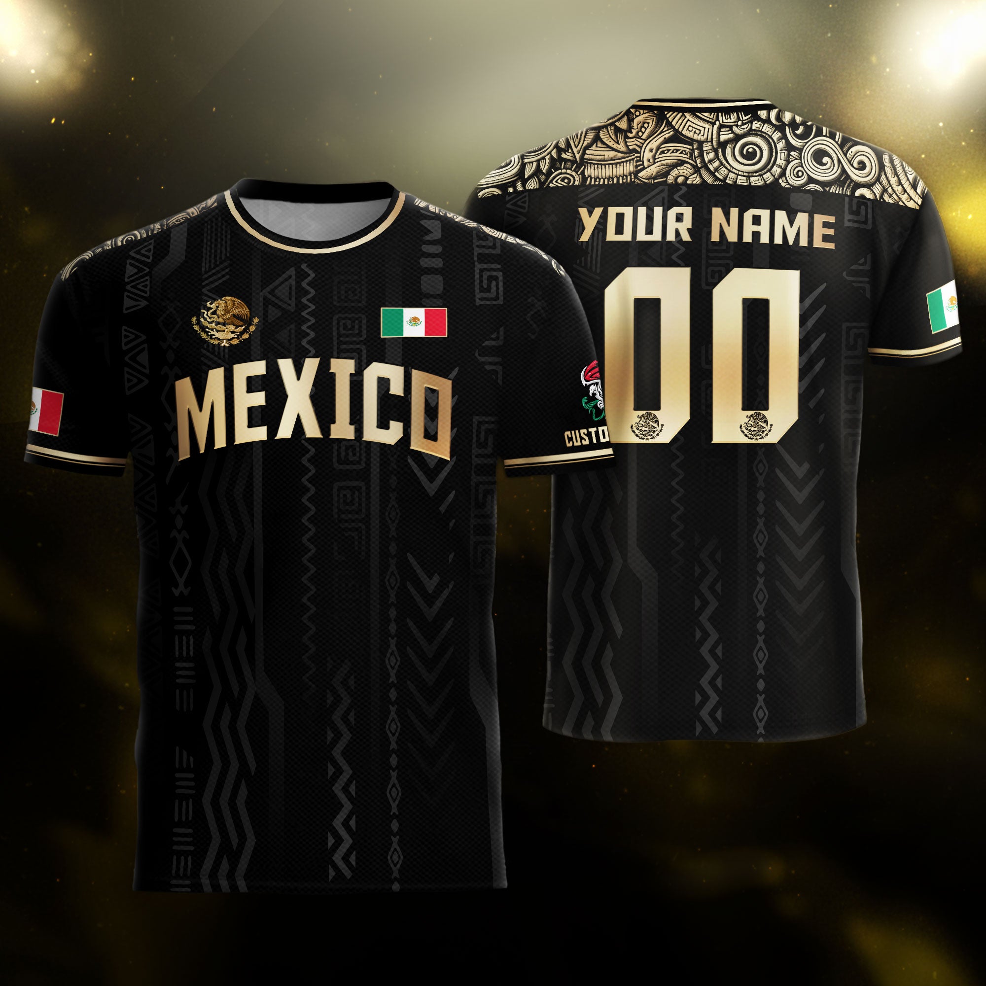 Custom Mexico Black Gold Aztec Pattern National Pride Soccer Jersey